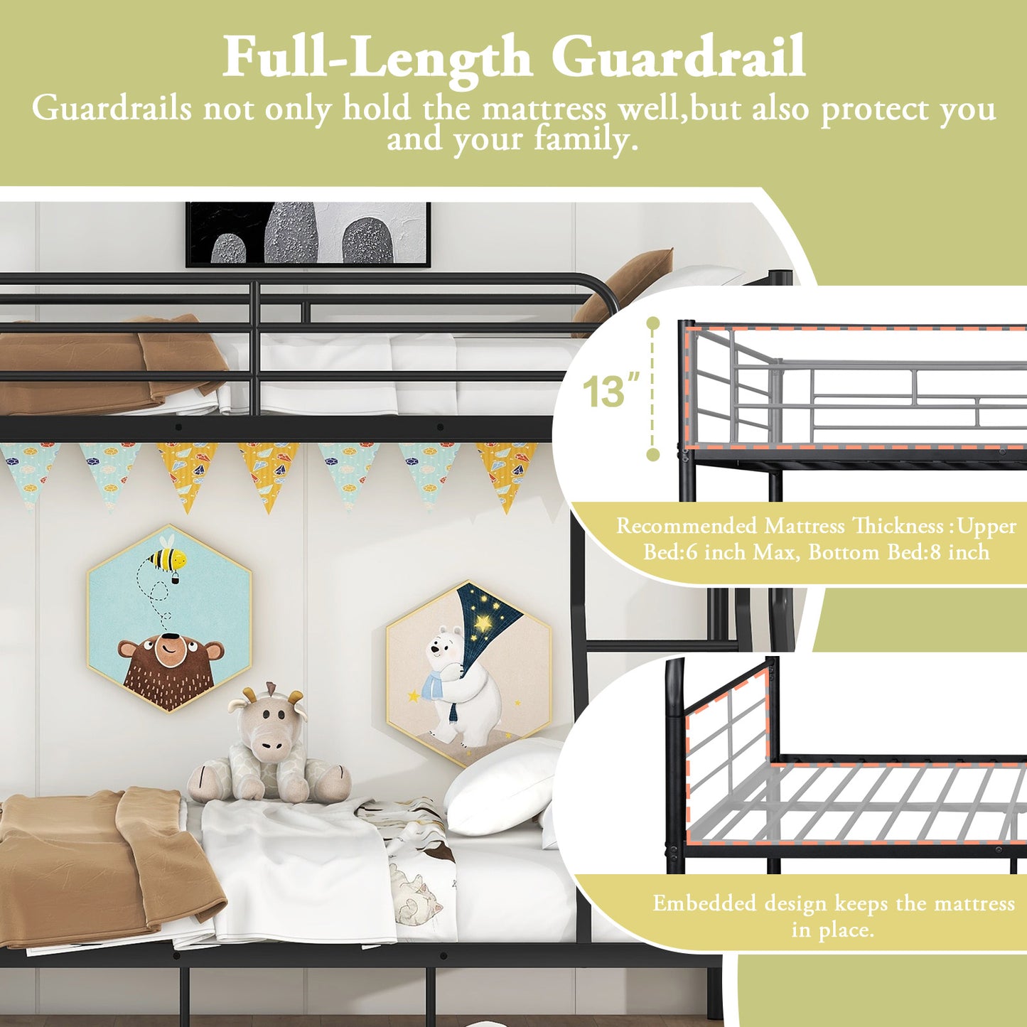 Metal Full XL Over Queen Bunk Beds, Heavy-Duty Bunk Bed with Ladder and High Guardrail, Convertible into Two Beds for Kids Teens Girls Boys, Black