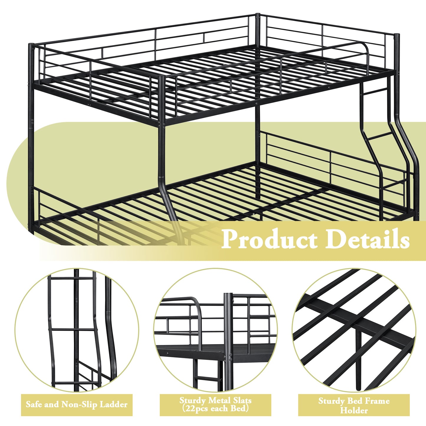Metal Full XL Over Queen Bunk Beds, Heavy-Duty Bunk Bed with Ladder and High Guardrail, Convertible into Two Beds for Kids Teens Girls Boys, Black