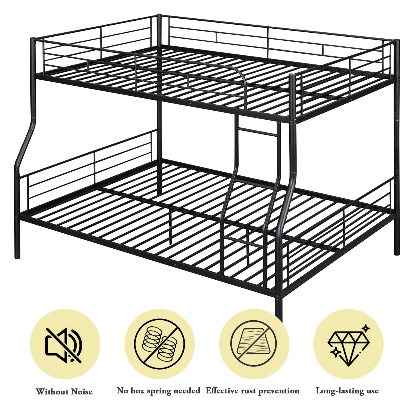 Metal Full XL Over Queen Bunk Beds, Heavy-Duty Bunk Bed with Ladder and High Guardrail, Convertible into Two Beds for Kids Teens Girls Boys, Black