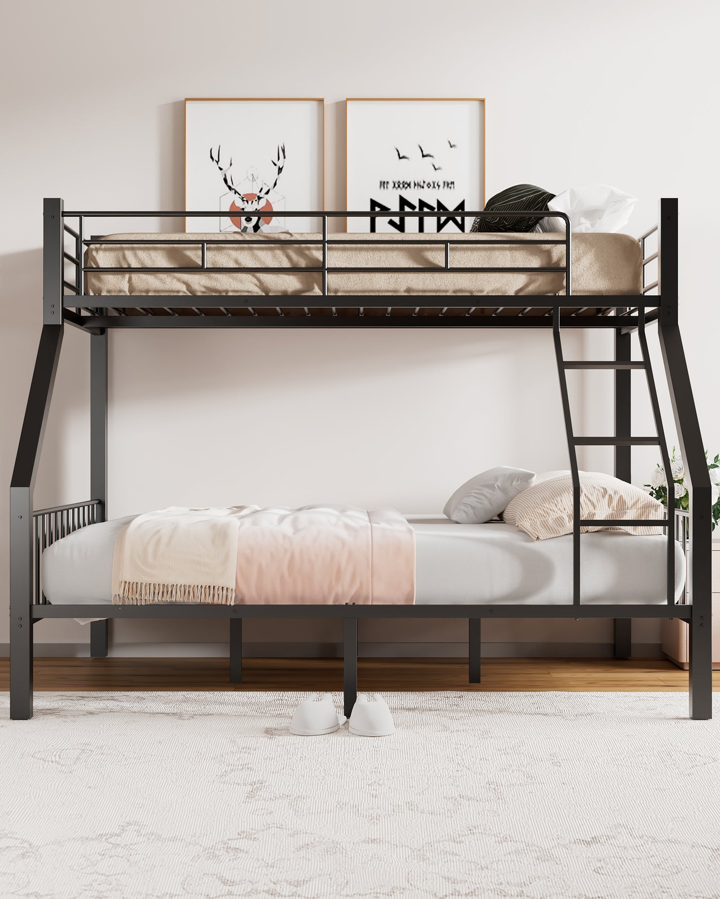 Twin XL Over Queen Bunk Bed, Heavy Duty Bunk Bed with PVC Rubber Cover Ladder and Full-Length Guardrails, Metal Queen Bed Frame with Slats Support for Adults, Teens, Kids, Black