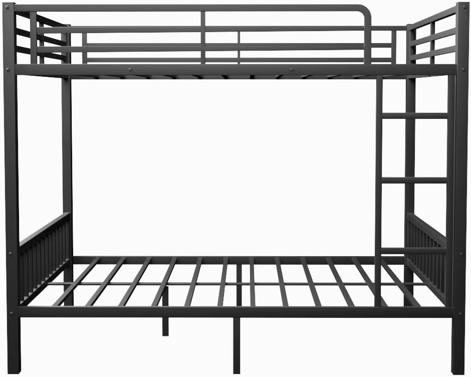 Twin XL Over Queen Metal Bunk Bed with Ladder and Slats Support, Heavy-Duty Metal Bunk Bed Frame with Safety High Guardrails for Adults Teens, Black