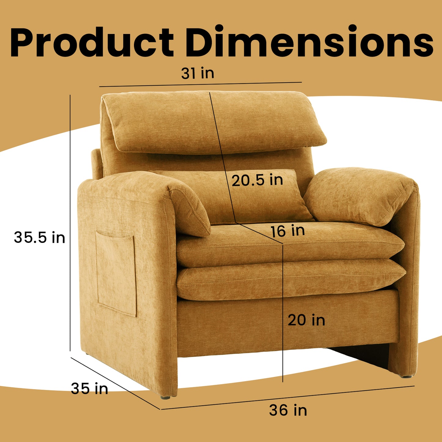Oversized Single Sofa Chair, 36”W Oversized Accent Chairs, Modern Upholstered Deep Seat Comfy Armchair with Throw Pillow for Living Room Bedroom Office Apartment