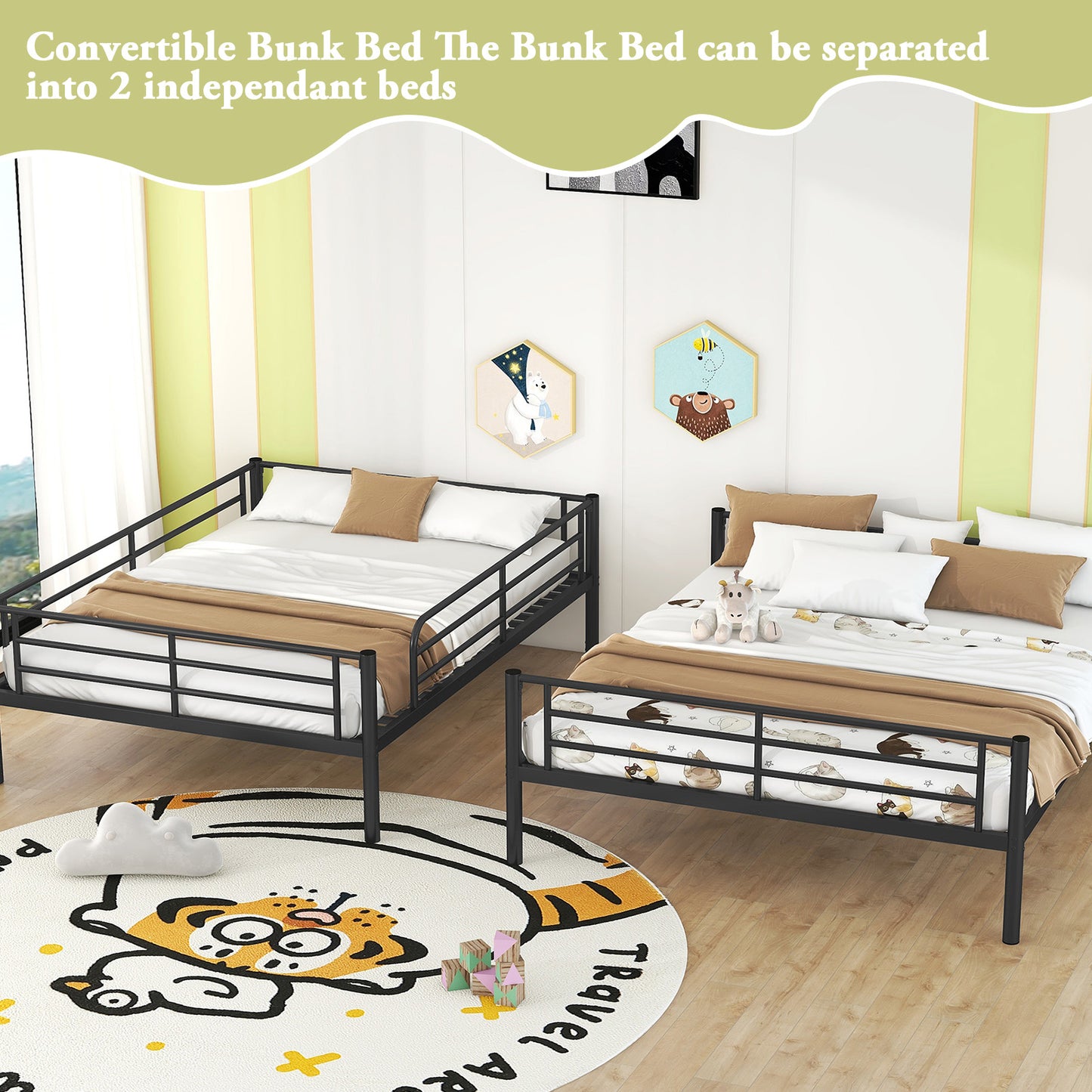 Metal Full XL Over Queen Bunk Beds, Heavy-Duty Bunk Bed with Ladder and High Guardrail, Convertible into Two Beds for Kids Teens Girls Boys, Black
