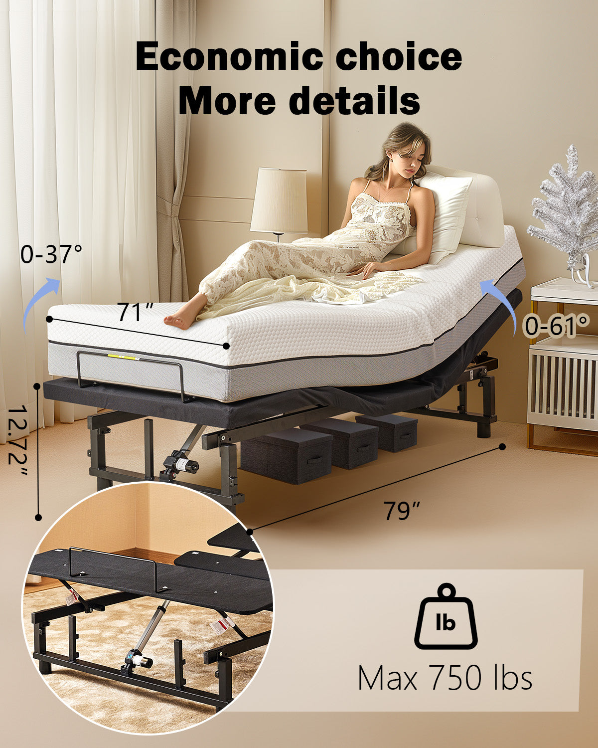 Miscoos King Size Adjustable Bed Base Frame - Quiet Motor, Head & Foot Incline, Zero Gravity, Wireless Remote, Universal Compatibility (79" L x 71" W x 12.72" H)