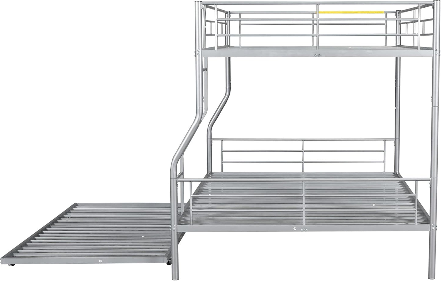 Full XL Over Queen Metal Bunk Bed with Trundle, Sturdy Queen Bed Frame with Full Length Guardrail & Ladder, Convertible to 3 beds, Heavy-Duty Frame Bunk Bed for Kids Teens Adults, White
