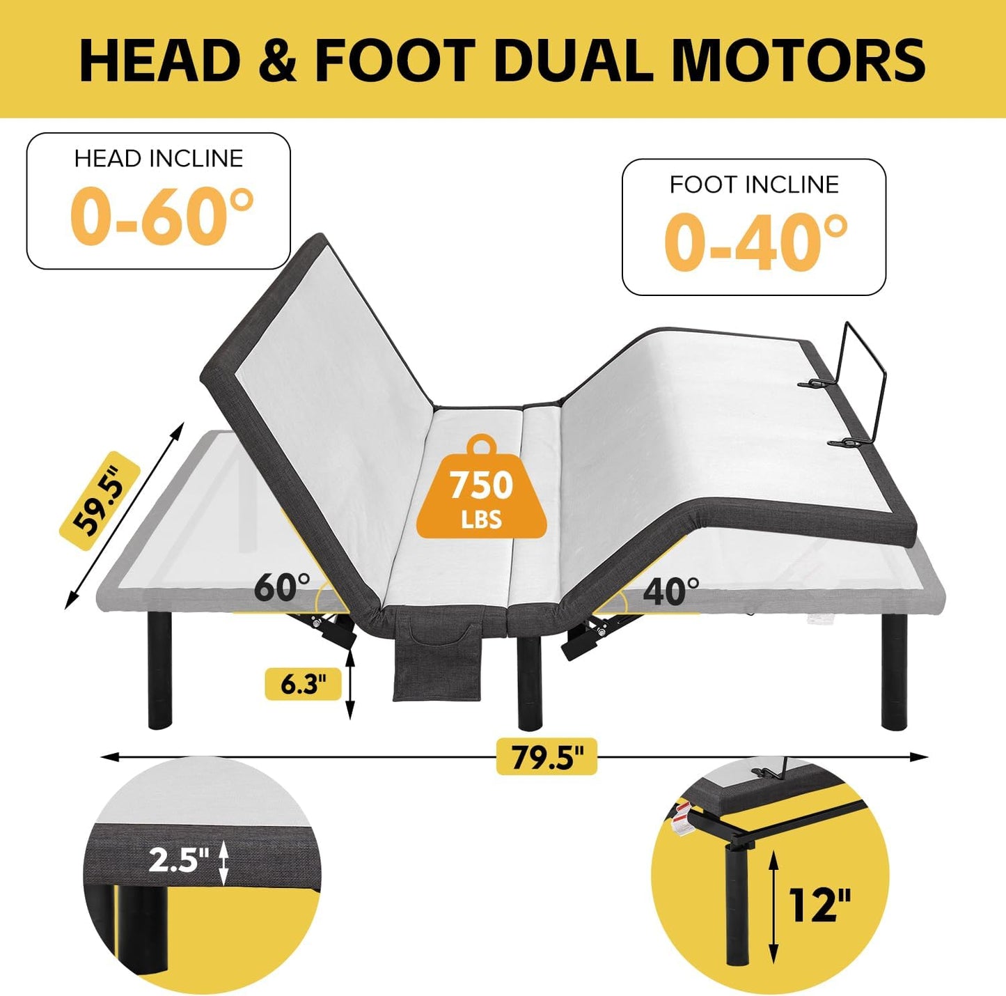 Queen Adjustable Bed Base Frame - Premium Metal, Head & Foot Incline, Wireless Remote, Zero Gravity, Quiet Motor (79" L x 59" W x 12.72" H)
