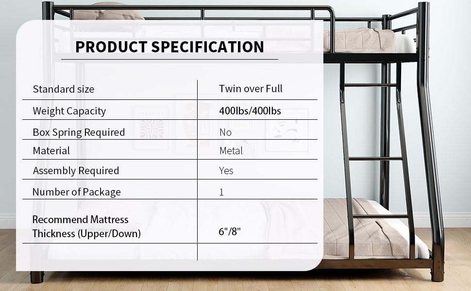Metal Twin Over Full Bunk Bed, Heavy Duty Bunk Beds with Safety Guardrail and Ladder, Noise Reduction, No Box Spring Needed, Black