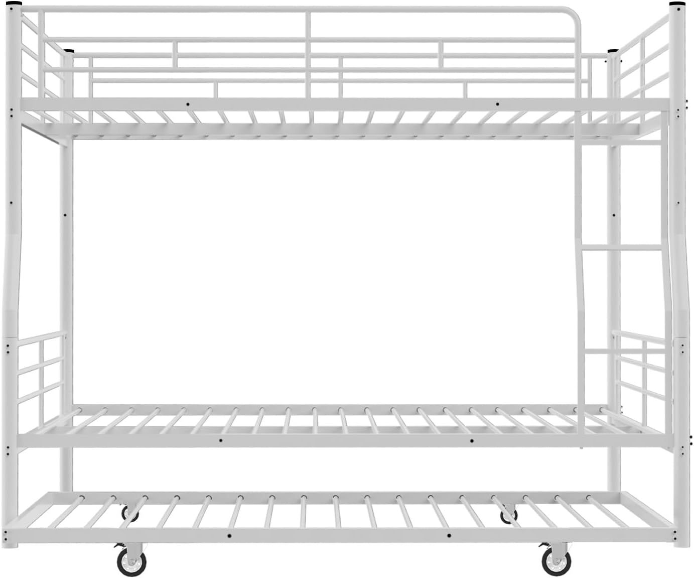 Full XL Over Queen Metal Bunk Bed with Trundle, Sturdy Queen Bed Frame with Full Length Guardrail & Ladder, Convertible to 3 beds, Heavy-Duty Frame Bunk Bed for Kids Teens Adults, White