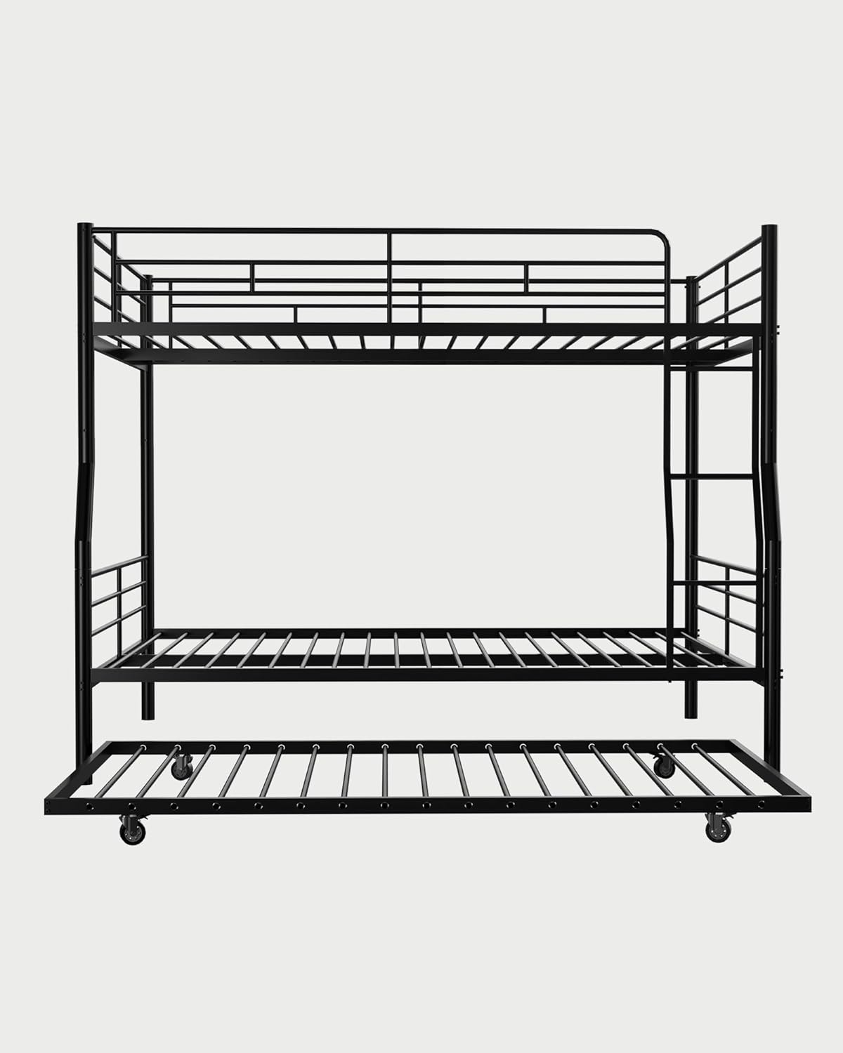Full XL Over Queen Metal Bunk Bed with Trundle, Sturdy Queen Bed Frame with Full Length Guardrail & Ladder, Convertible to 3 beds, Heavy-Duty Frame Bunk Bed for Kids Teens Adults, White
