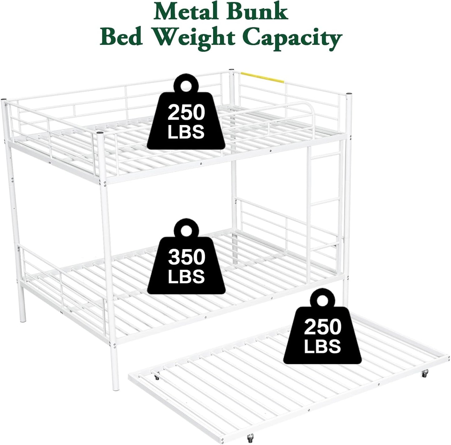 Full XL Over Queen Metal Bunk Bed with Trundle, Sturdy Queen Bed Frame with Full Length Guardrail & Ladder, Convertible to 3 beds, Heavy-Duty Frame Bunk Bed for Kids Teens Adults, White