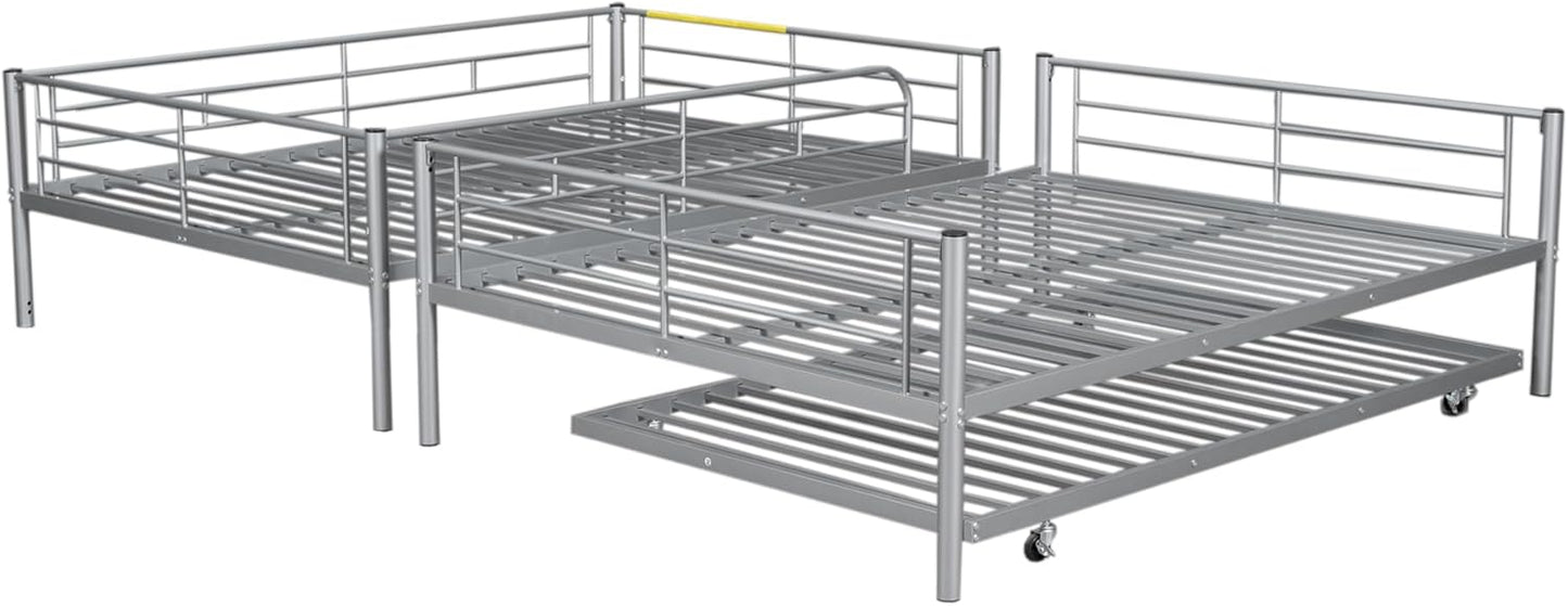 Full XL Over Queen Metal Bunk Bed with Trundle, Sturdy Queen Bed Frame with Full Length Guardrail & Ladder, Convertible to 3 beds, Heavy-Duty Frame Bunk Bed for Kids Teens Adults, White
