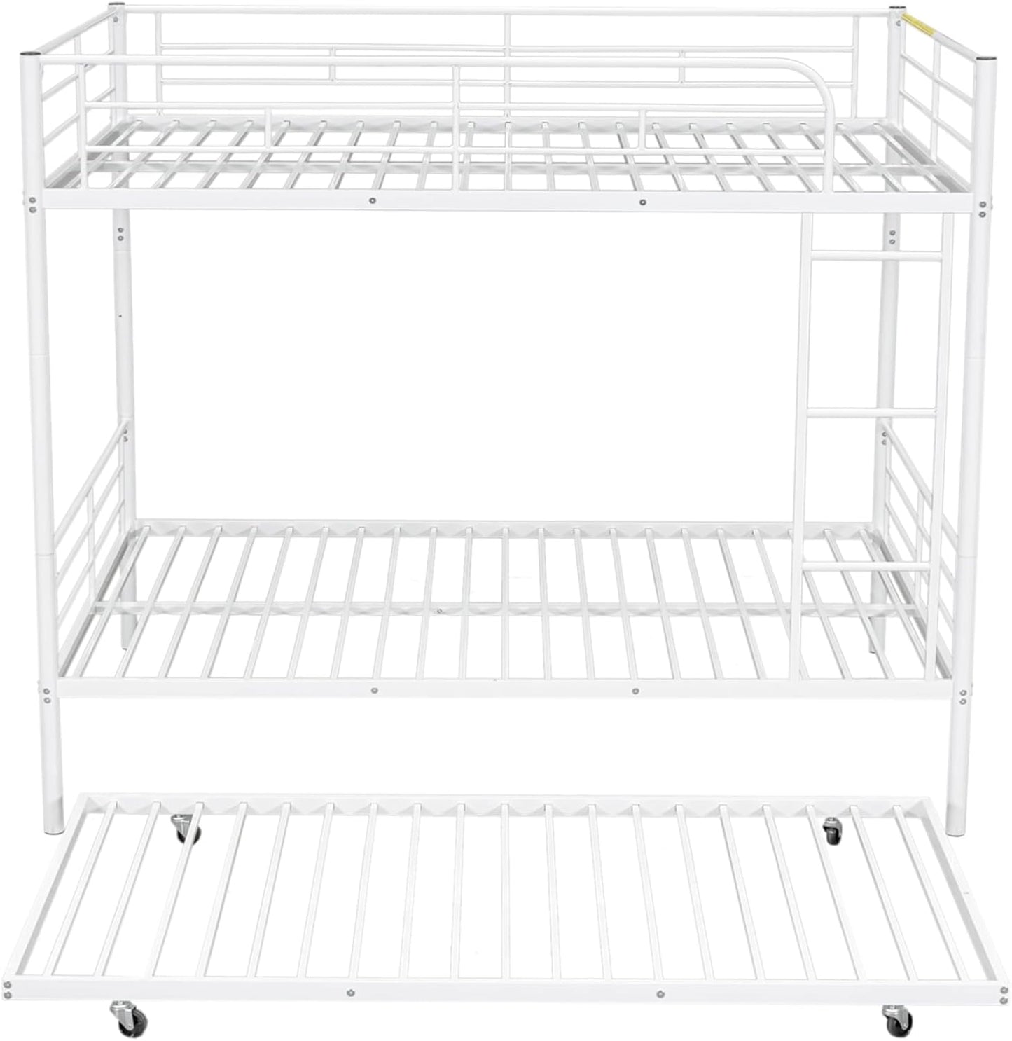 Full XL Over Queen Metal Bunk Bed with Trundle, Sturdy Queen Bed Frame with Full Length Guardrail & Ladder, Convertible to 3 beds, Heavy-Duty Frame Bunk Bed for Kids Teens Adults, White