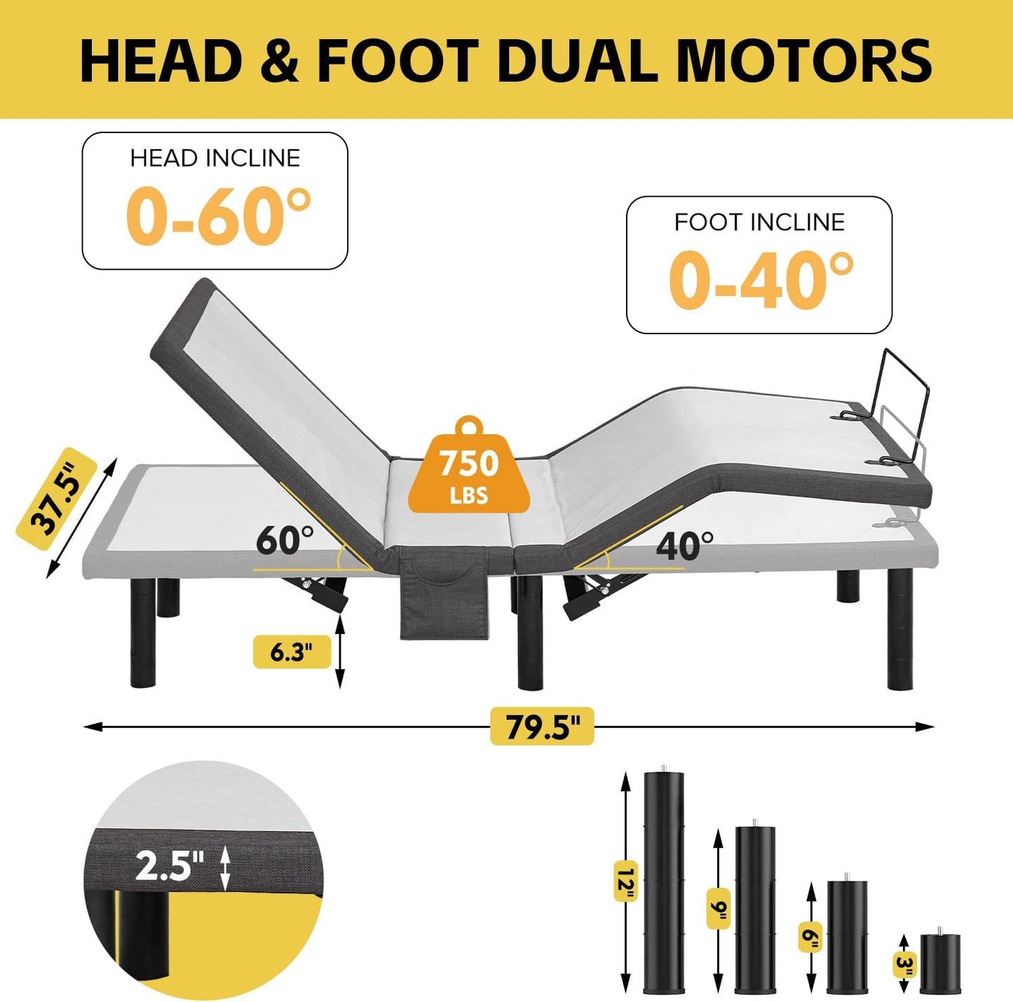 Queen Adjustable Bed Base Frame - Premium Metal, Head & Foot Incline, Wireless Remote, Zero Gravity, Quiet Motor (79" L x 59" W x 12.72" H)