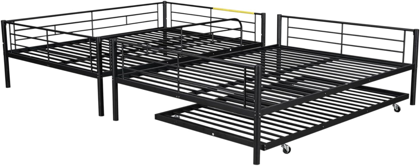 Full XL Over Queen Metal Bunk Bed with Trundle, Sturdy Queen Bed Frame with Full Length Guardrail & Ladder, Convertible to 3 beds, Heavy-Duty Frame Bunk Bed for Kids Teens Adults, White