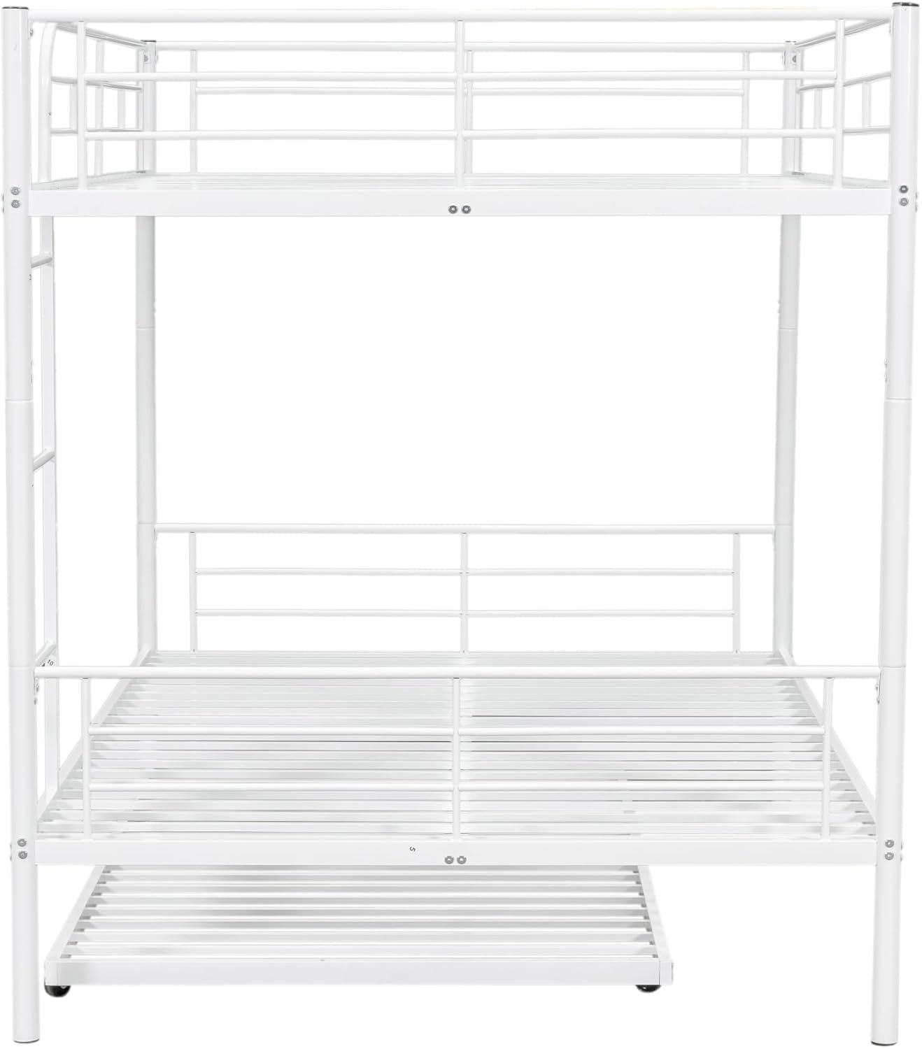 Full XL Over Queen Metal Bunk Bed with Trundle, Sturdy Queen Bed Frame with Full Length Guardrail & Ladder, Convertible to 3 beds, Heavy-Duty Frame Bunk Bed for Kids Teens Adults, White