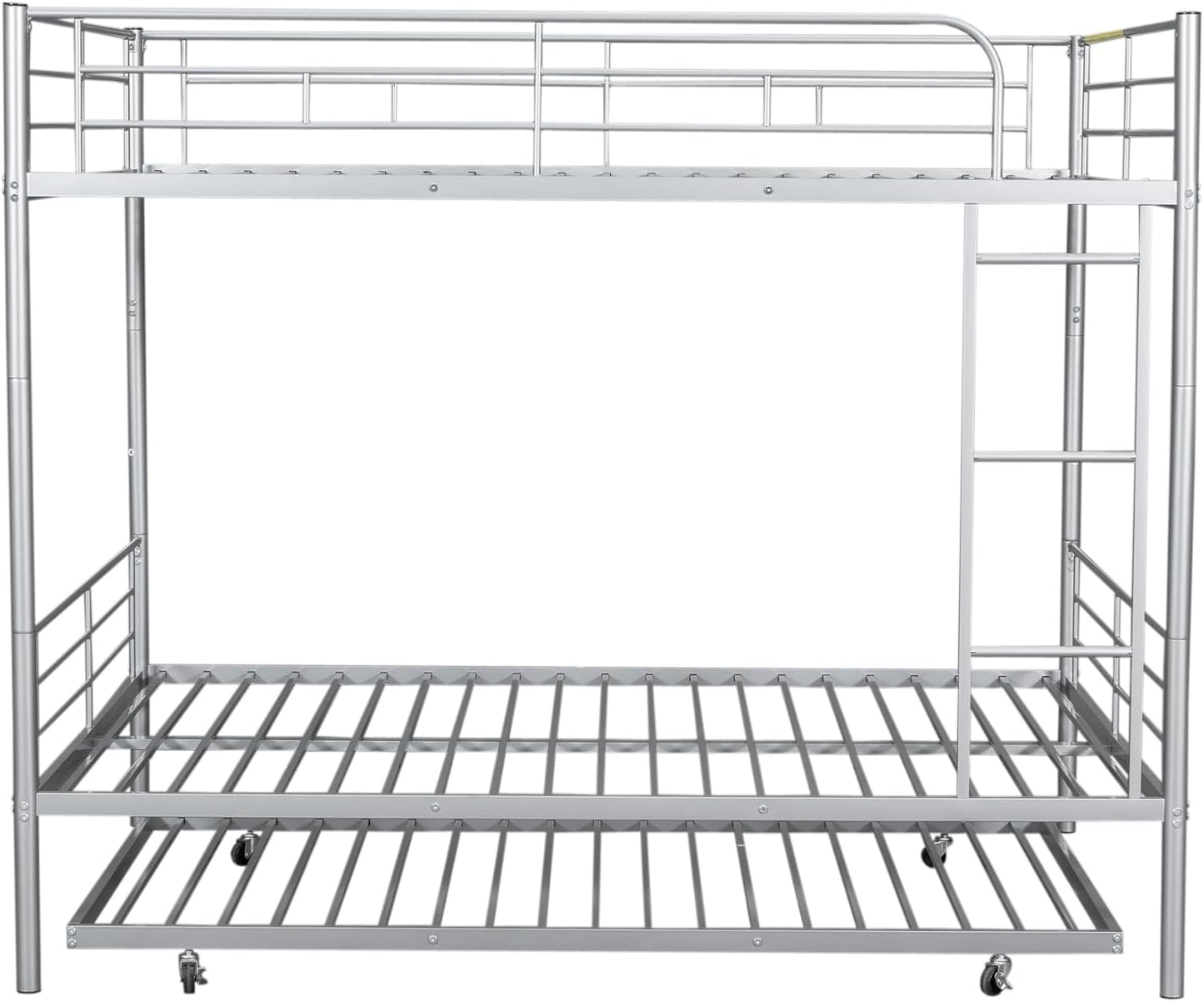 Full XL Over Queen Metal Bunk Bed with Trundle, Sturdy Queen Bed Frame with Full Length Guardrail & Ladder, Convertible to 3 beds, Heavy-Duty Frame Bunk Bed for Kids Teens Adults, White