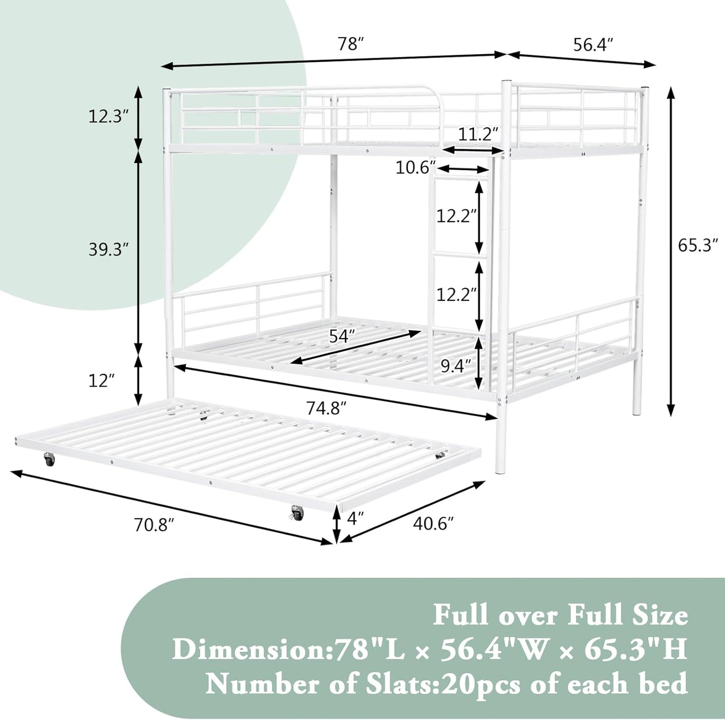 Full XL Over Queen Metal Bunk Bed with Trundle, Sturdy Queen Bed Frame with Full Length Guardrail & Ladder, Convertible to 3 beds, Heavy-Duty Frame Bunk Bed for Kids Teens Adults, White