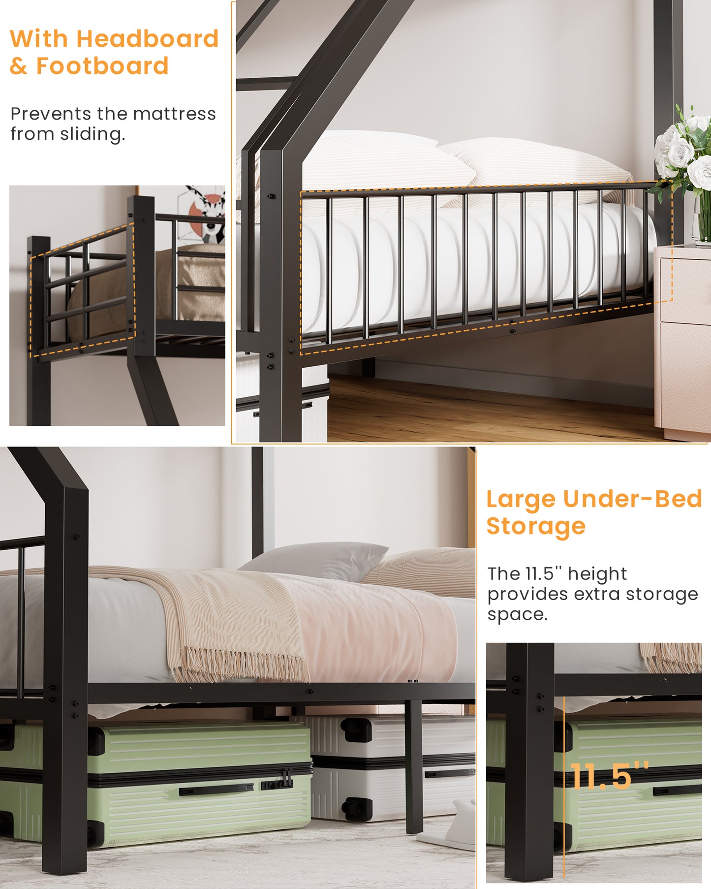 Twin XL Over Queen Bunk Bed, Heavy Duty Bunk Bed with PVC Rubber Cover Ladder and Full-Length Guardrails, Metal Queen Bed Frame with Slats Support for Adults, Teens, Kids, Black