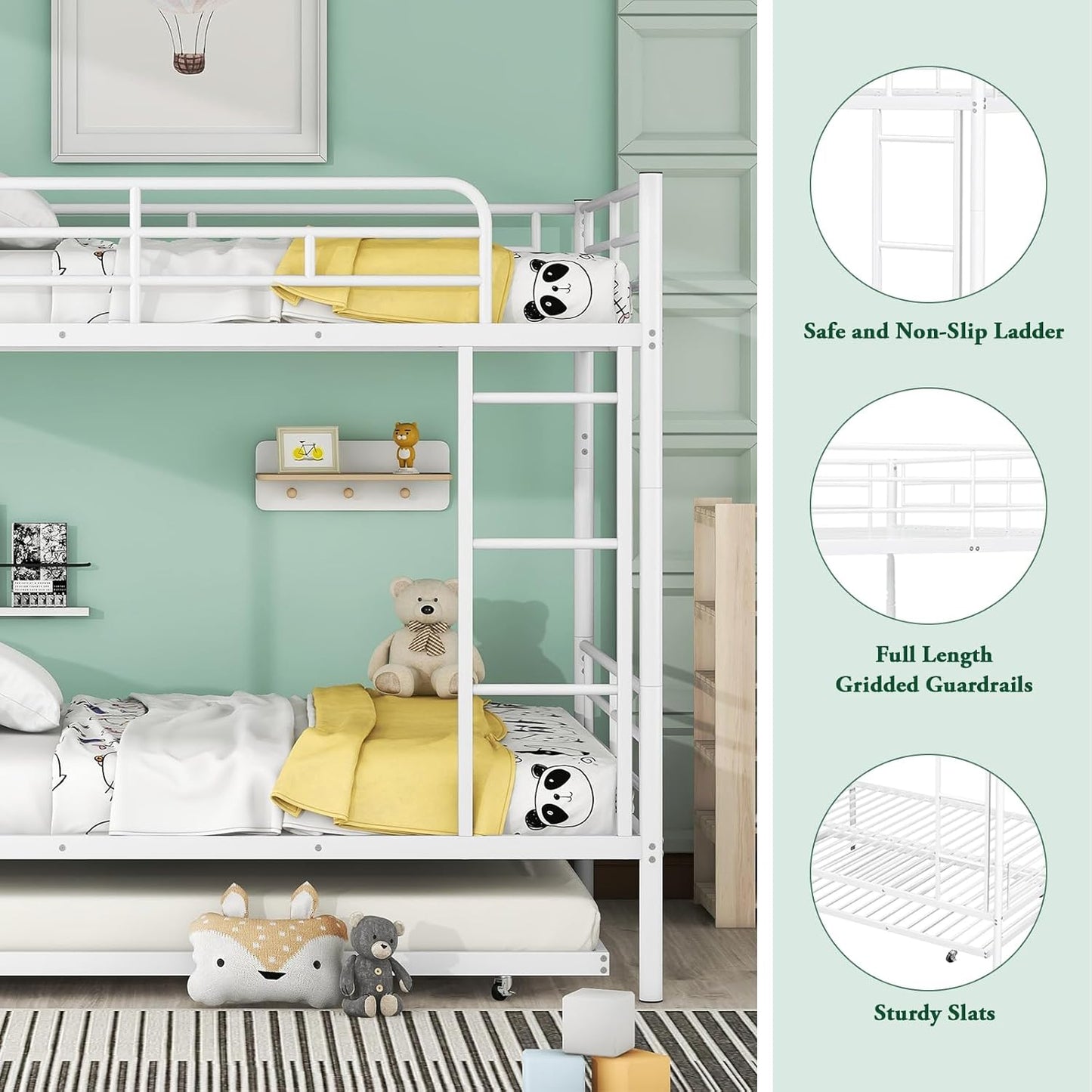 Full XL Over Queen Metal Bunk Bed with Trundle, Sturdy Queen Bed Frame with Full Length Guardrail & Ladder, Convertible to 3 beds, Heavy-Duty Frame Bunk Bed for Kids Teens Adults, White