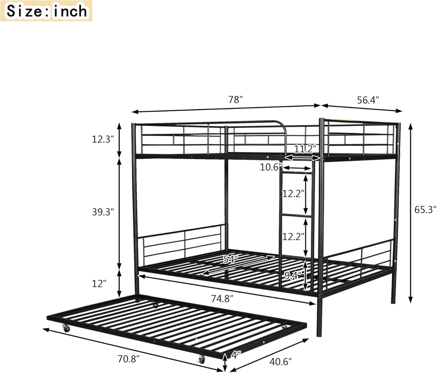 Full XL Over Queen Metal Bunk Bed with Trundle, Sturdy Queen Bed Frame with Full Length Guardrail & Ladder, Convertible to 3 beds, Heavy-Duty Frame Bunk Bed for Kids Teens Adults, White