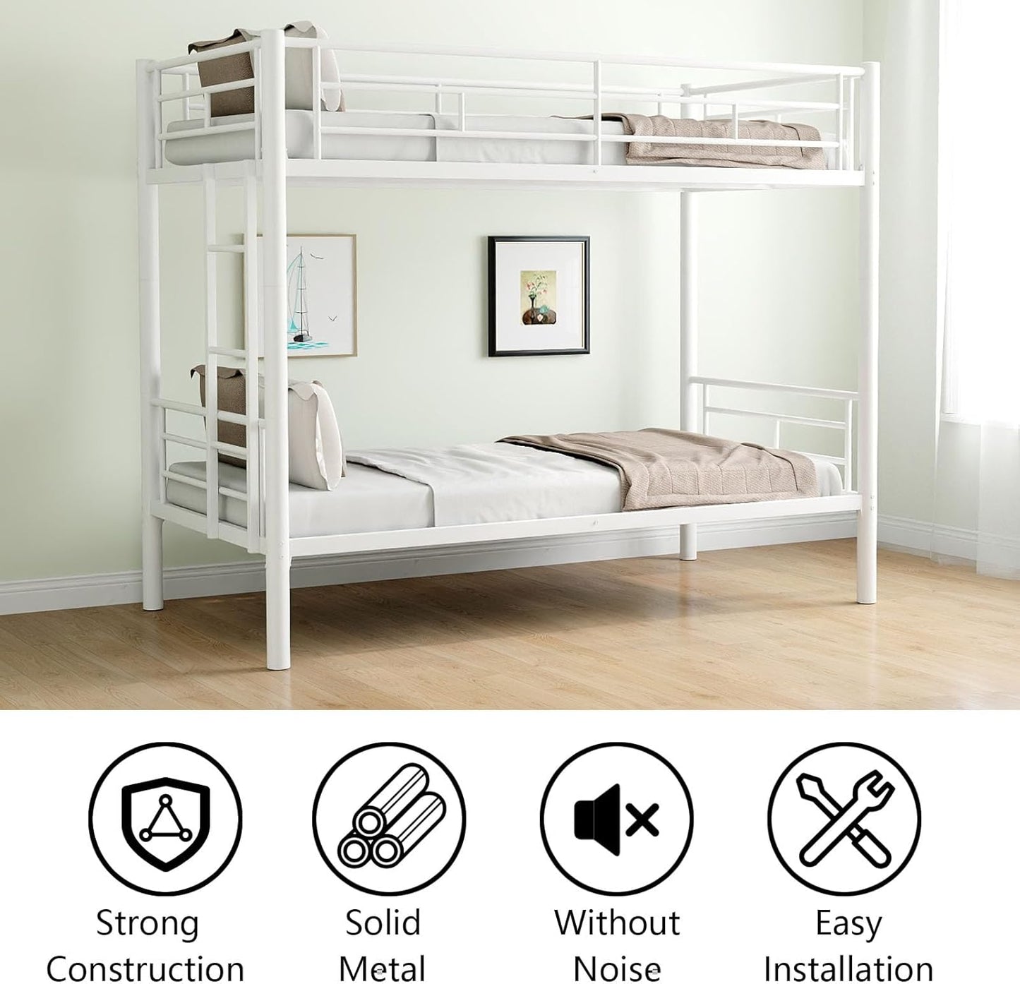 Metal Twin Over Full Bunk Bed, Heavy Duty Bunk Beds with Safety Guardrail and Ladder, Noise Reduction, No Box Spring Needed, Black