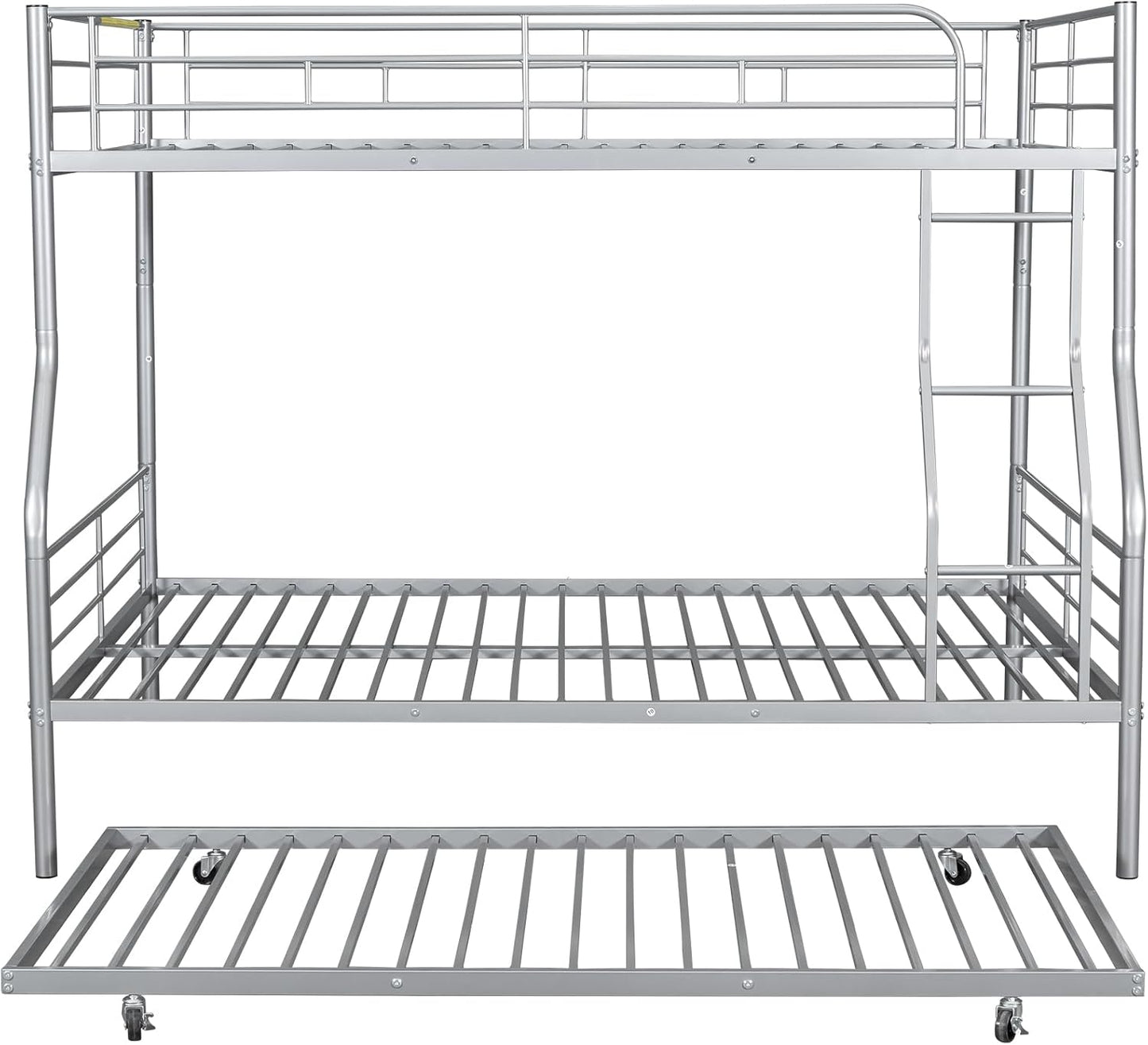 Full XL Over Queen Metal Bunk Bed with Trundle, Sturdy Queen Bed Frame with Full Length Guardrail & Ladder, Convertible to 3 beds, Heavy-Duty Frame Bunk Bed for Kids Teens Adults, White