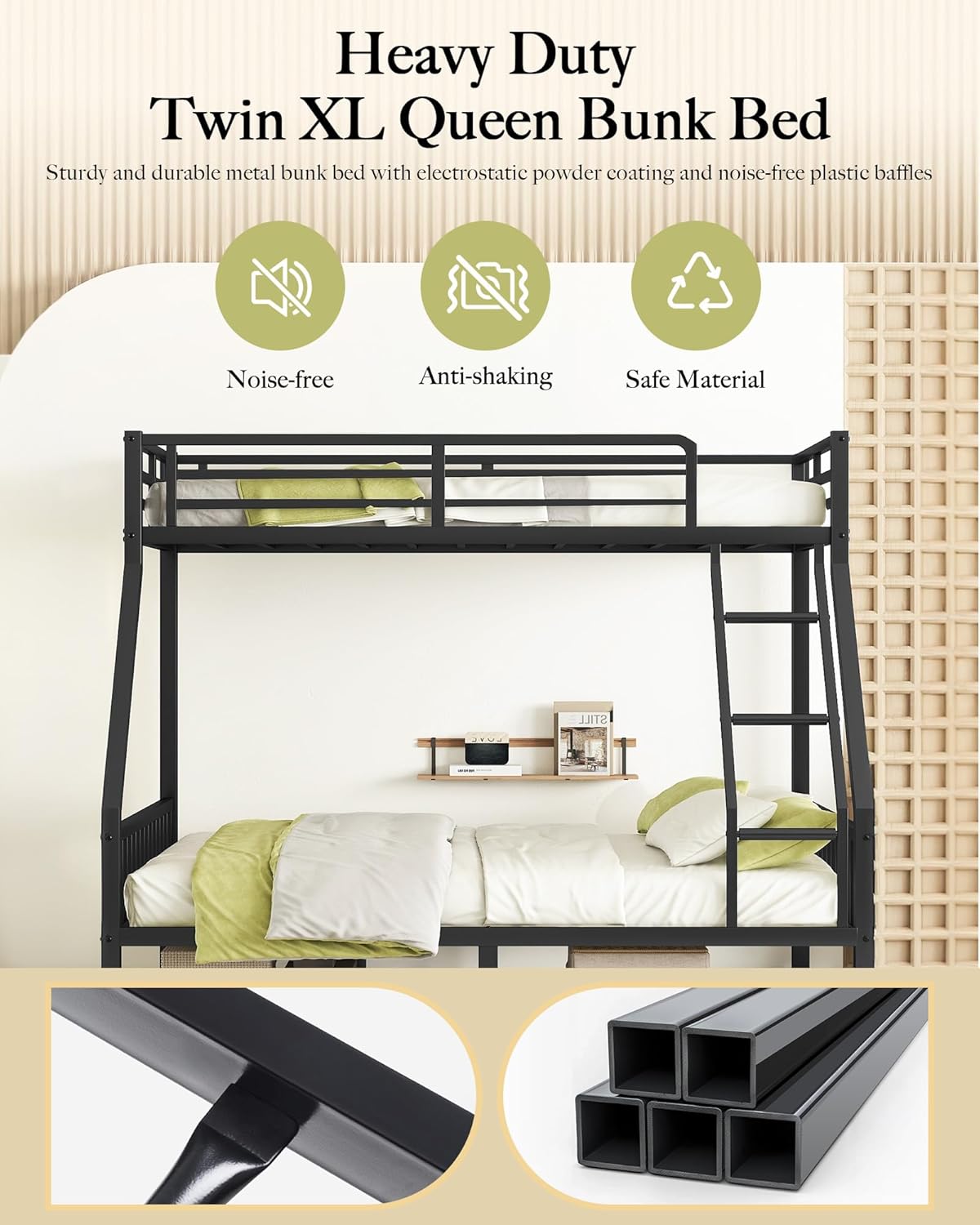 Twin XL Over Queen Metal Bunk Bed with Ladder and Slats Support, Heavy-Duty Metal Bunk Bed Frame with Safety High Guardrails for Adults Teens, Black