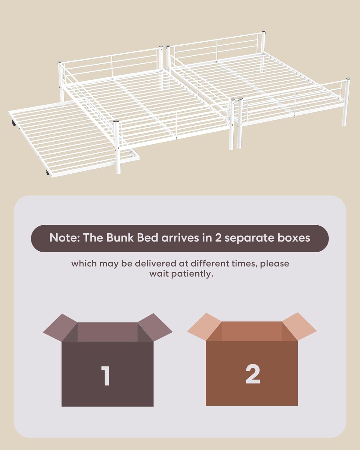 Full XL Over Queen Metal Bunk Bed with Trundle, Sturdy Queen Bed Frame with Full Length Guardrail & Ladder, Convertible to 3 beds, Heavy-Duty Frame Bunk Bed for Kids Teens Adults, White