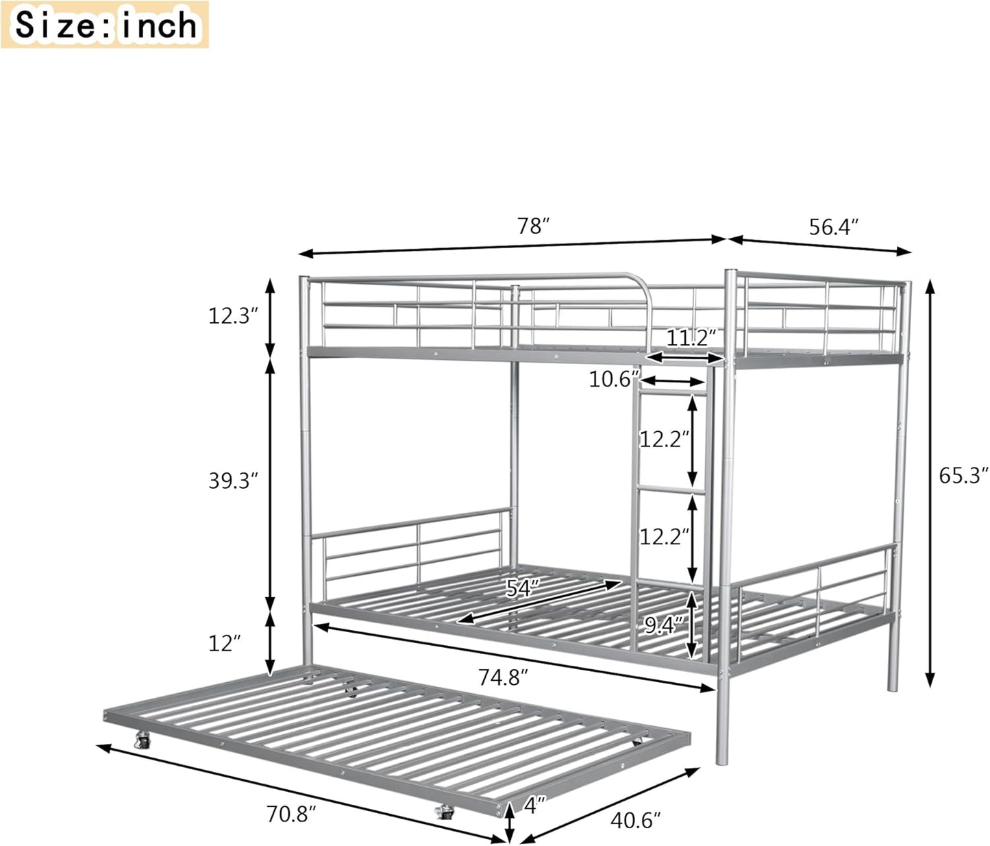 Full XL Over Queen Metal Bunk Bed with Trundle, Sturdy Queen Bed Frame with Full Length Guardrail & Ladder, Convertible to 3 beds, Heavy-Duty Frame Bunk Bed for Kids Teens Adults, White