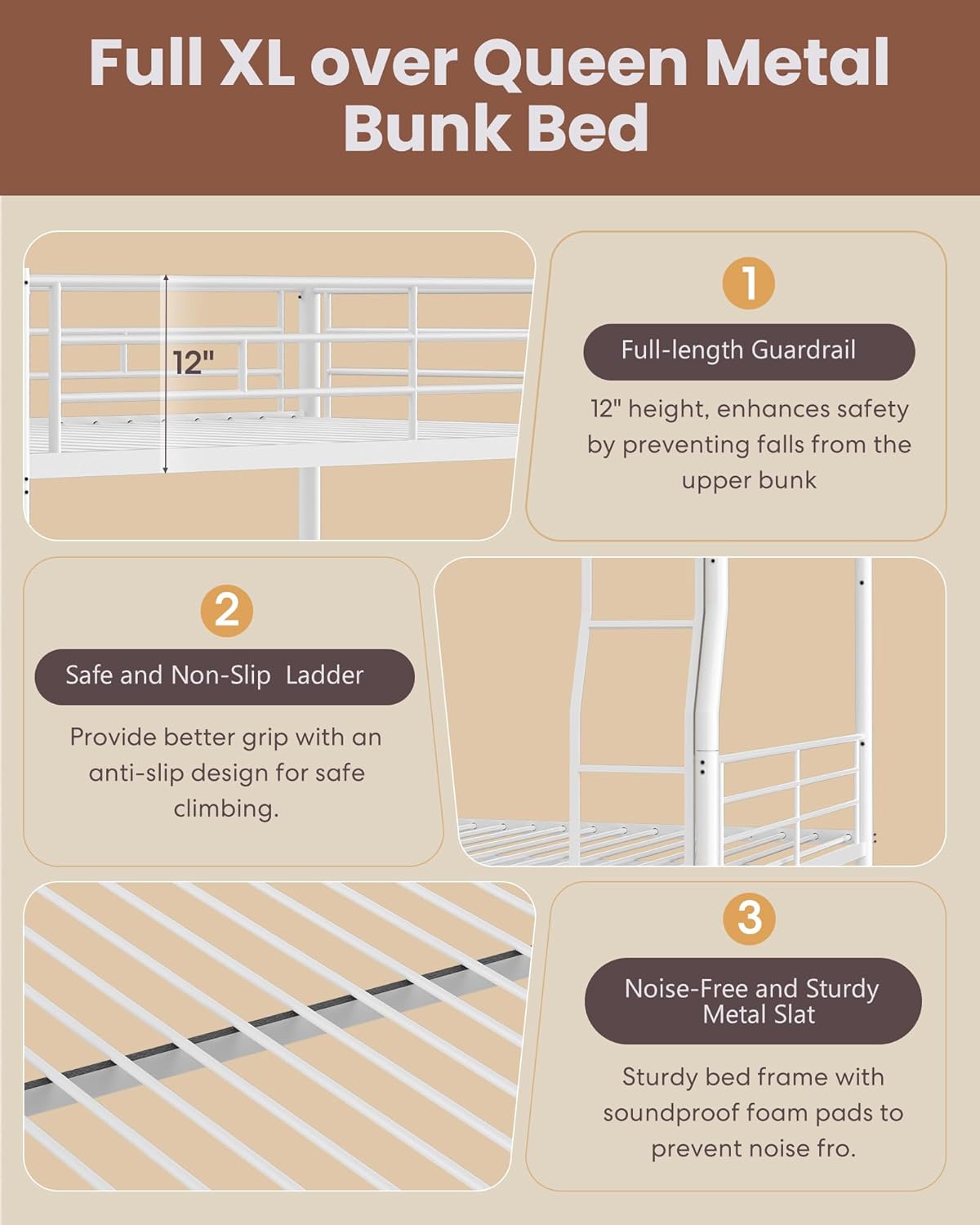 Full XL Over Queen Metal Bunk Bed with Trundle, Sturdy Queen Bed Frame with Full Length Guardrail & Ladder, Convertible to 3 beds, Heavy-Duty Frame Bunk Bed for Kids Teens Adults, White