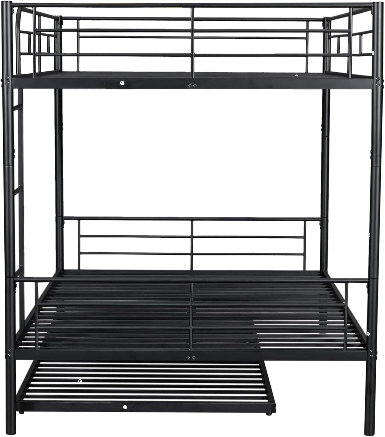 Full XL Over Queen Metal Bunk Bed with Trundle, Sturdy Queen Bed Frame with Full Length Guardrail & Ladder, Convertible to 3 beds, Heavy-Duty Frame Bunk Bed for Kids Teens Adults, White