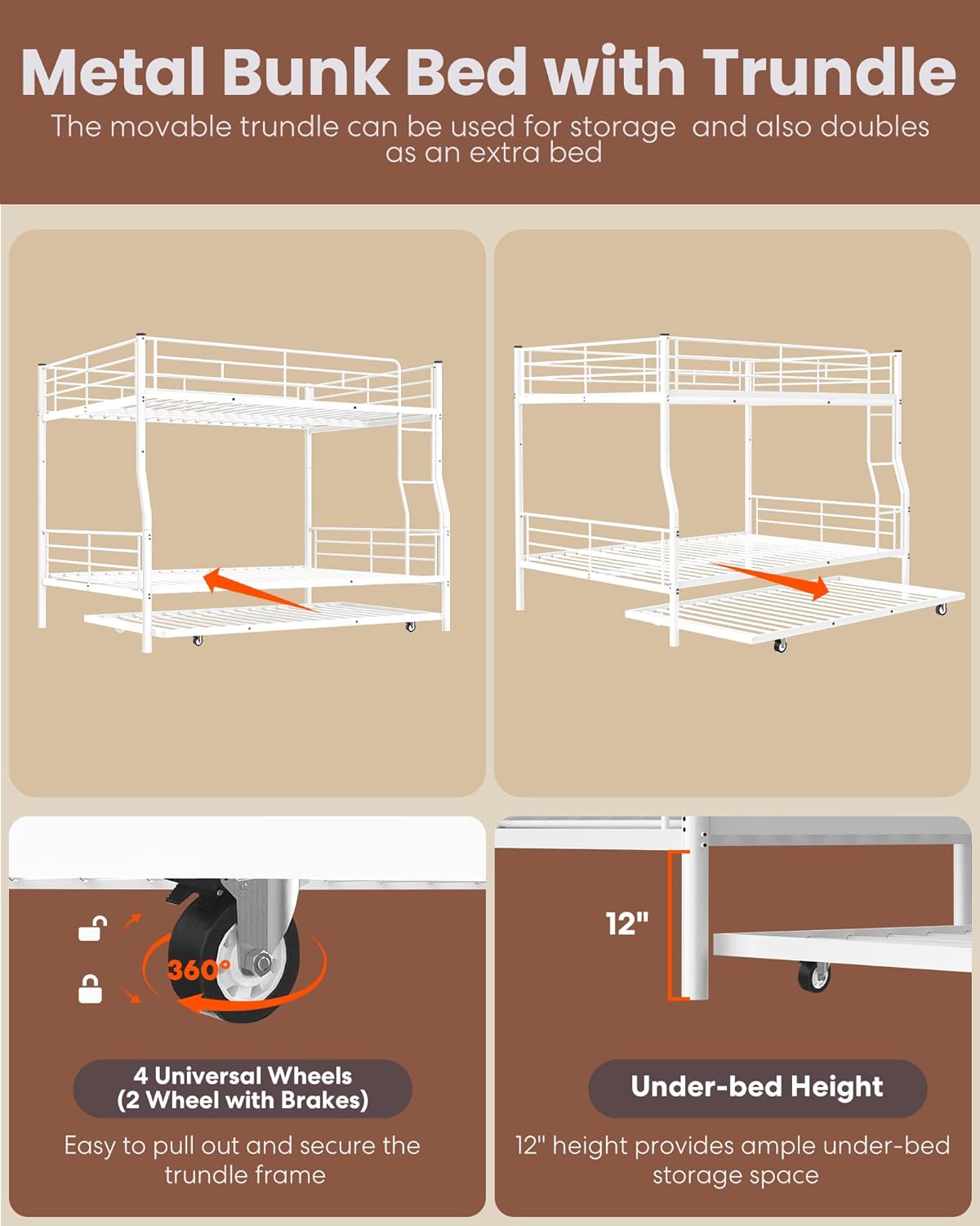 Full XL Over Queen Metal Bunk Bed with Trundle, Sturdy Queen Bed Frame with Full Length Guardrail & Ladder, Convertible to 3 beds, Heavy-Duty Frame Bunk Bed for Kids Teens Adults, White