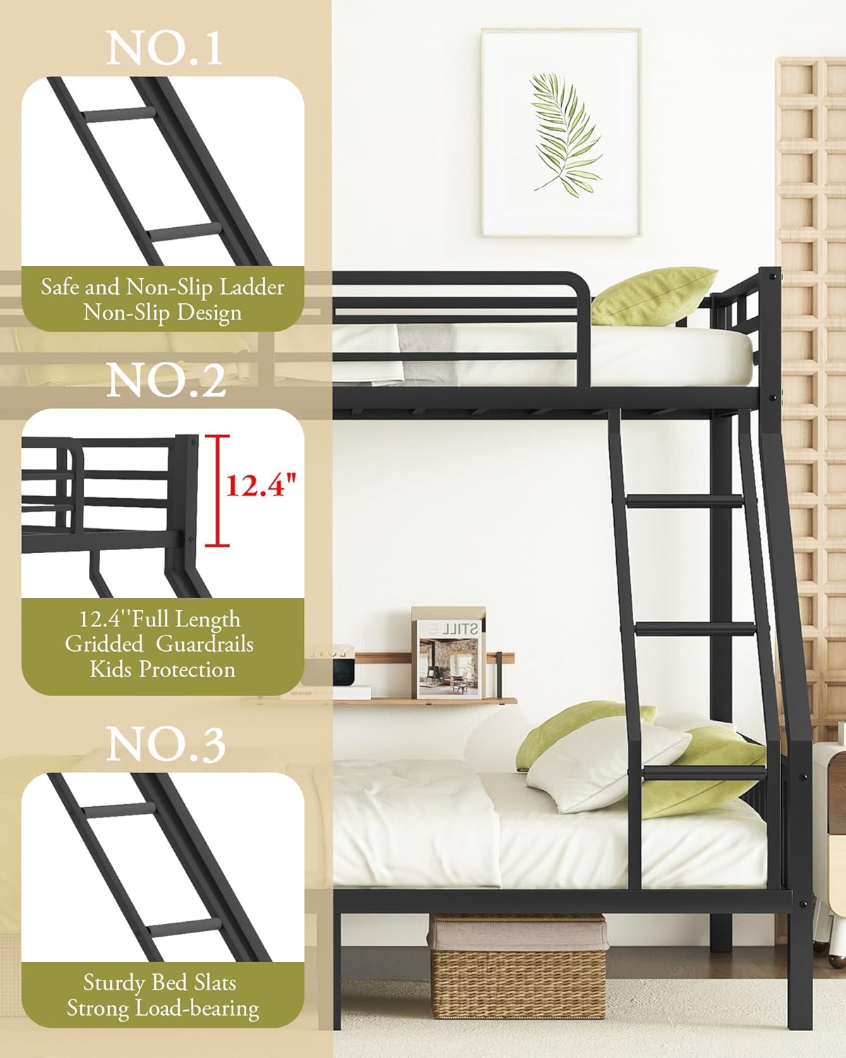 Twin XL Over Queen Metal Bunk Bed with Ladder and Slats Support, Heavy-Duty Metal Bunk Bed Frame with Safety High Guardrails for Adults Teens, Black