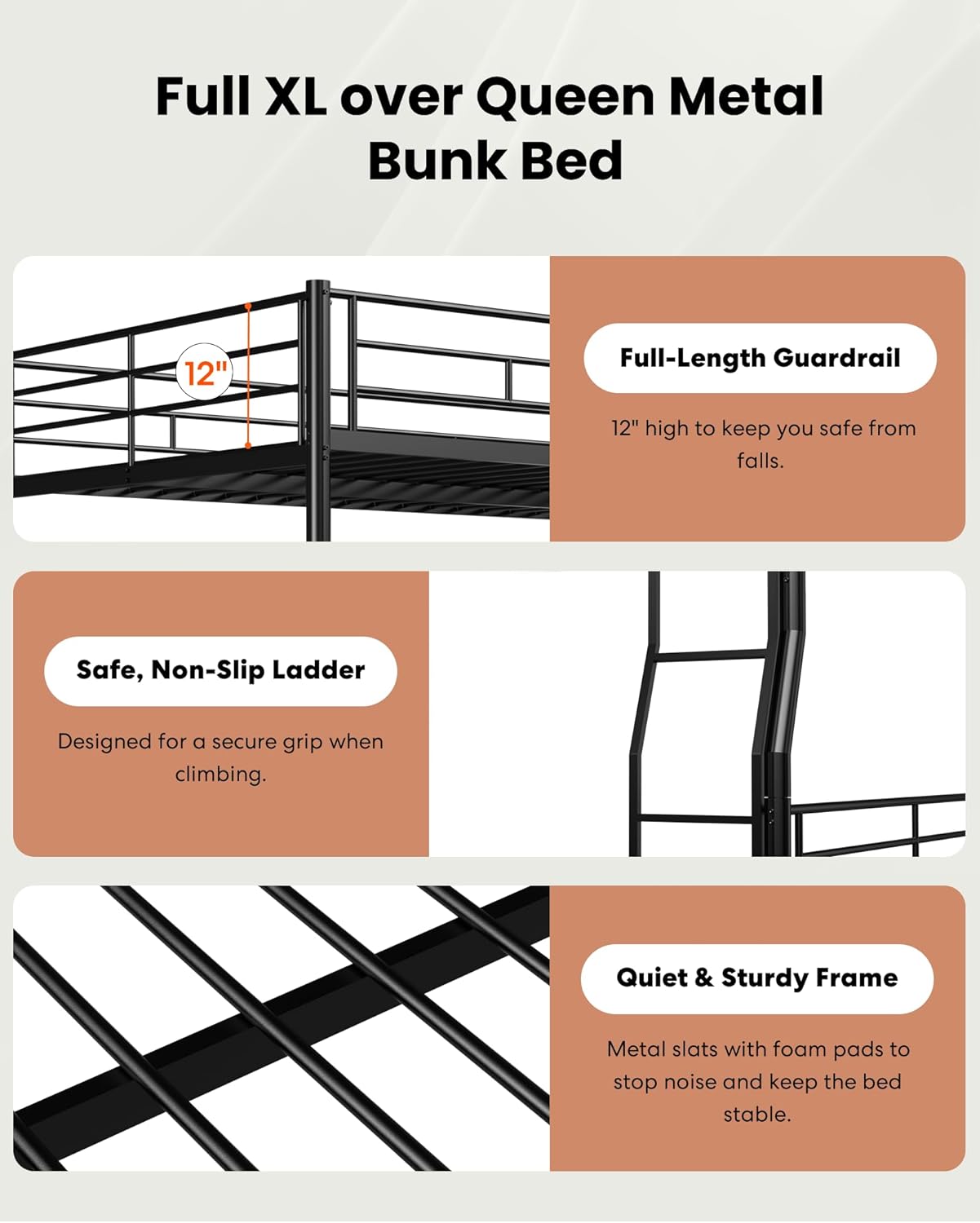 Full XL Over Queen Metal Bunk Bed with Trundle, Sturdy Queen Bed Frame with Full Length Guardrail & Ladder, Convertible to 3 beds, Heavy-Duty Frame Bunk Bed for Kids Teens Adults, White