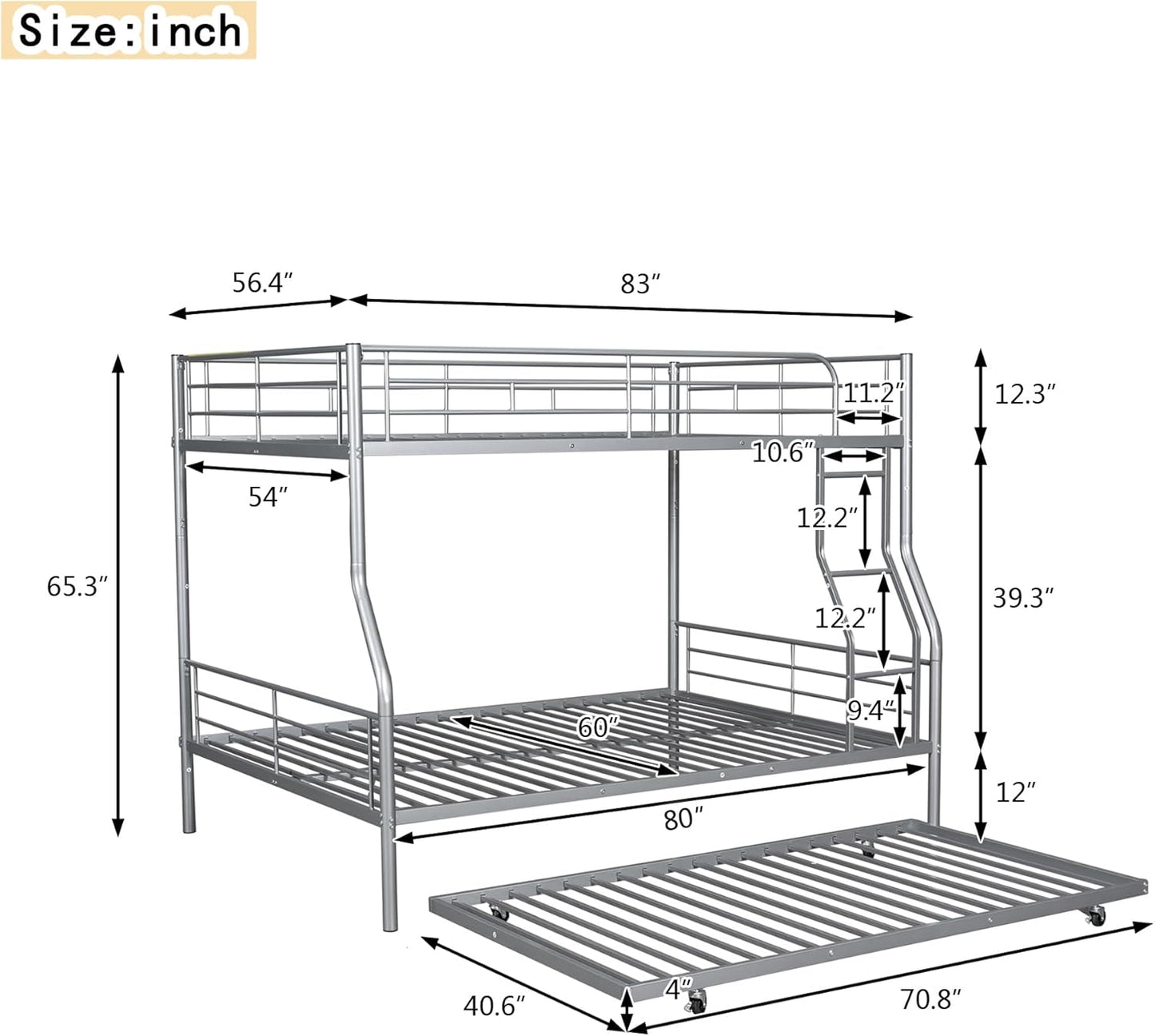 Full XL Over Queen Metal Bunk Bed with Trundle, Sturdy Queen Bed Frame with Full Length Guardrail & Ladder, Convertible to 3 beds, Heavy-Duty Frame Bunk Bed for Kids Teens Adults, White