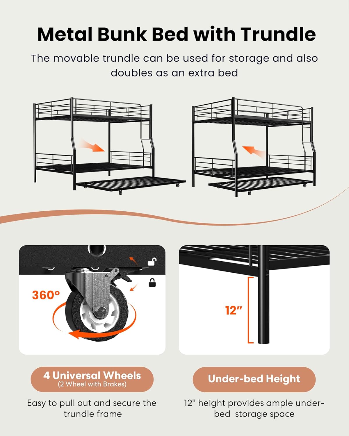 Full XL Over Queen Metal Bunk Bed with Trundle, Sturdy Queen Bed Frame with Full Length Guardrail & Ladder, Convertible to 3 beds, Heavy-Duty Frame Bunk Bed for Kids Teens Adults, White