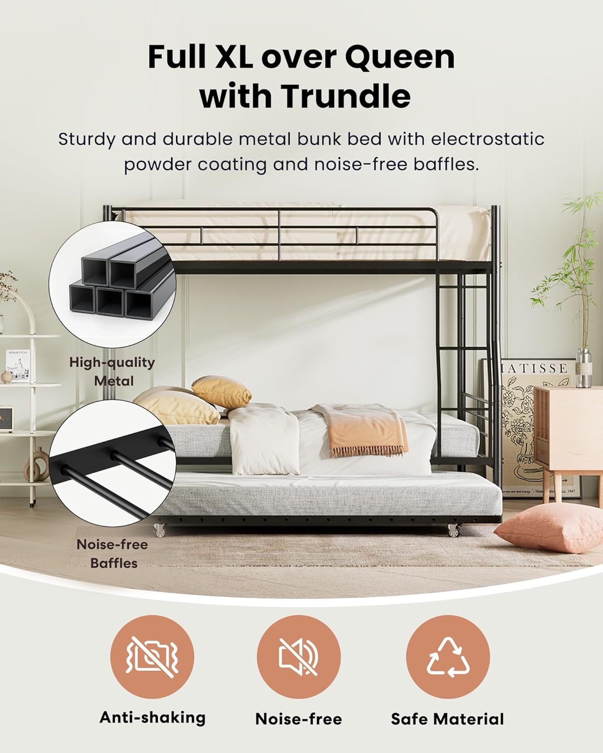 Full XL Over Queen Metal Bunk Bed with Trundle, Sturdy Queen Bed Frame with Full Length Guardrail & Ladder, Convertible to 3 beds, Heavy-Duty Frame Bunk Bed for Kids Teens Adults, White
