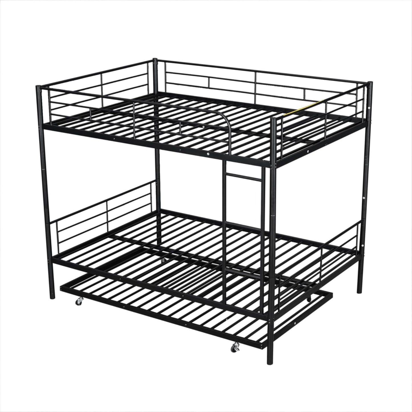 Full XL Over Queen Metal Bunk Bed with Trundle, Sturdy Queen Bed Frame with Full Length Guardrail & Ladder, Convertible to 3 beds, Heavy-Duty Frame Bunk Bed for Kids Teens Adults, White
