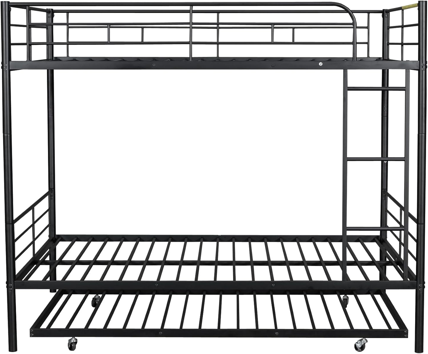 Full XL Over Queen Metal Bunk Bed with Trundle, Sturdy Queen Bed Frame with Full Length Guardrail & Ladder, Convertible to 3 beds, Heavy-Duty Frame Bunk Bed for Kids Teens Adults, White
