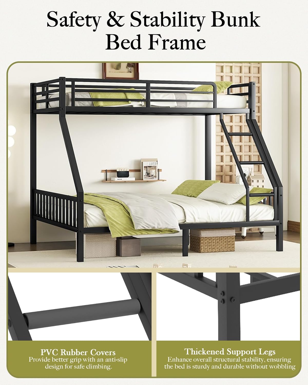 Twin XL Over Queen Metal Bunk Bed with Ladder and Slats Support, Heavy-Duty Metal Bunk Bed Frame with Safety High Guardrails for Adults Teens, Black