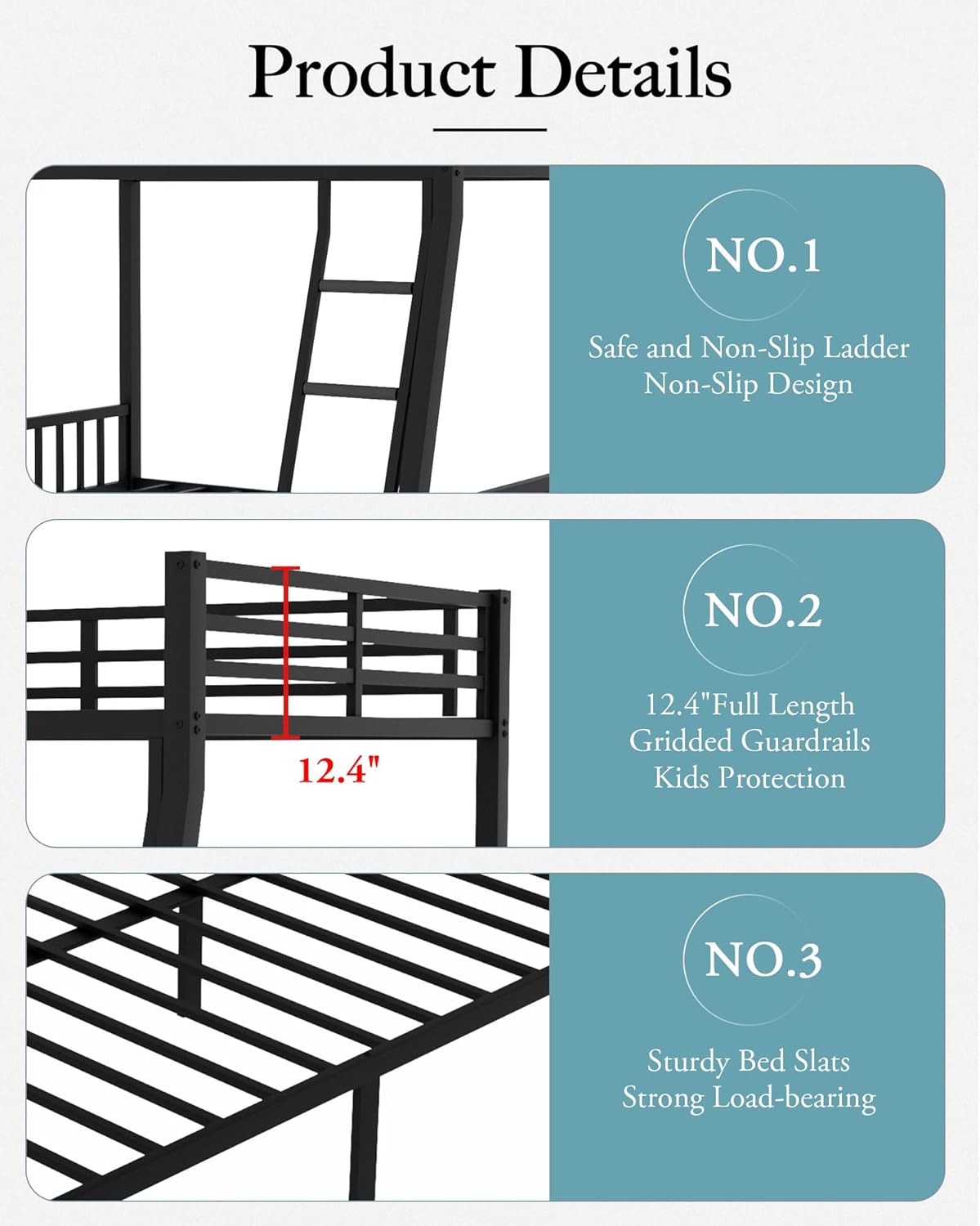 Twin XL Over Queen Metal Bunk Bed with Ladder and Slats Support, Heavy-Duty Metal Bunk Bed Frame with Safety High Guardrails for Adults Teens, Black
