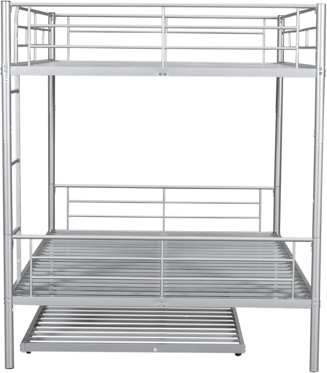 Full XL Over Queen Metal Bunk Bed with Trundle, Sturdy Queen Bed Frame with Full Length Guardrail & Ladder, Convertible to 3 beds, Heavy-Duty Frame Bunk Bed for Kids Teens Adults, White