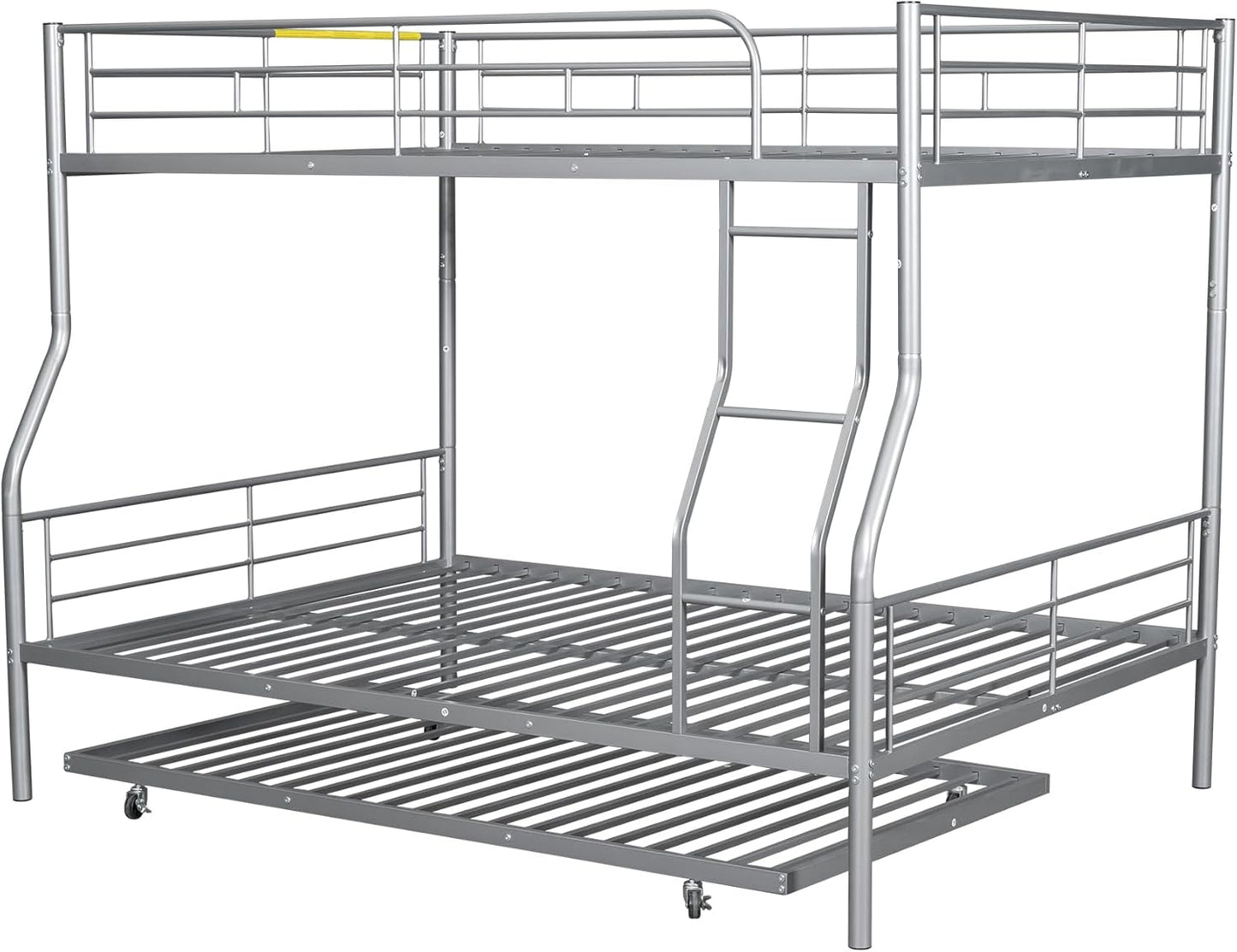Full XL Over Queen Metal Bunk Bed with Trundle, Sturdy Queen Bed Frame with Full Length Guardrail & Ladder, Convertible to 3 beds, Heavy-Duty Frame Bunk Bed for Kids Teens Adults, White