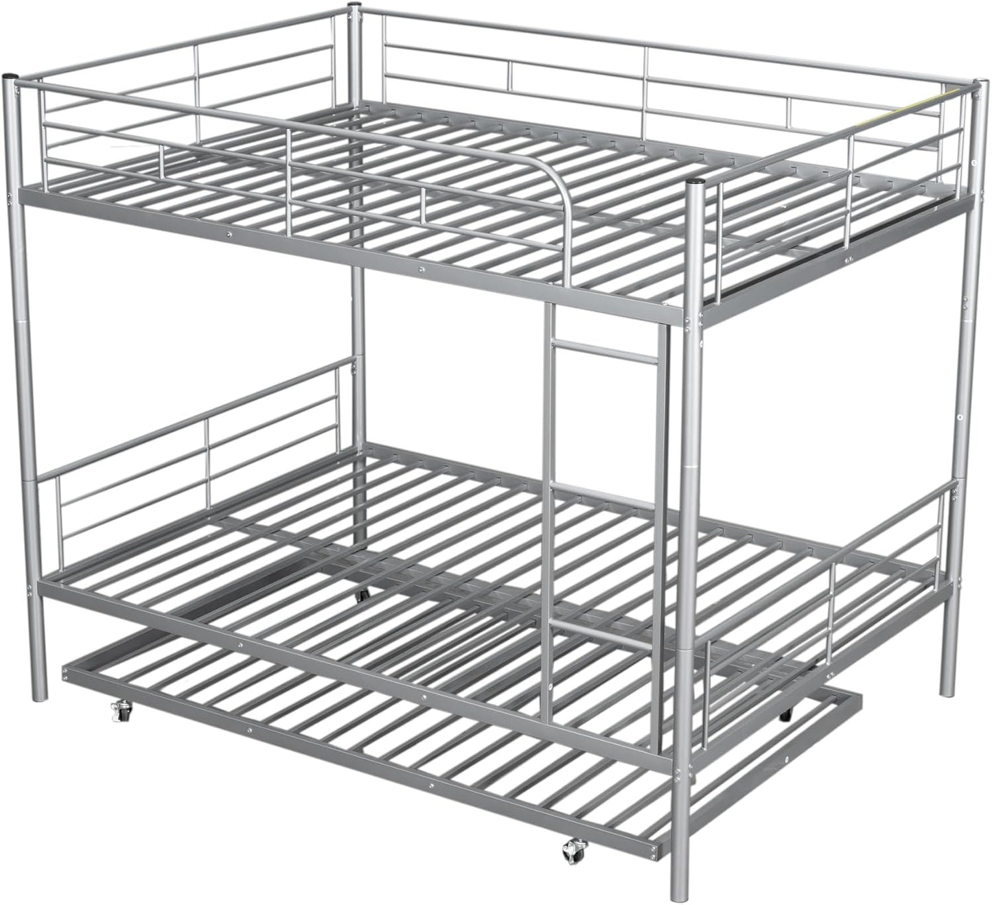 Full XL Over Queen Metal Bunk Bed with Trundle, Sturdy Queen Bed Frame with Full Length Guardrail & Ladder, Convertible to 3 beds, Heavy-Duty Frame Bunk Bed for Kids Teens Adults, White