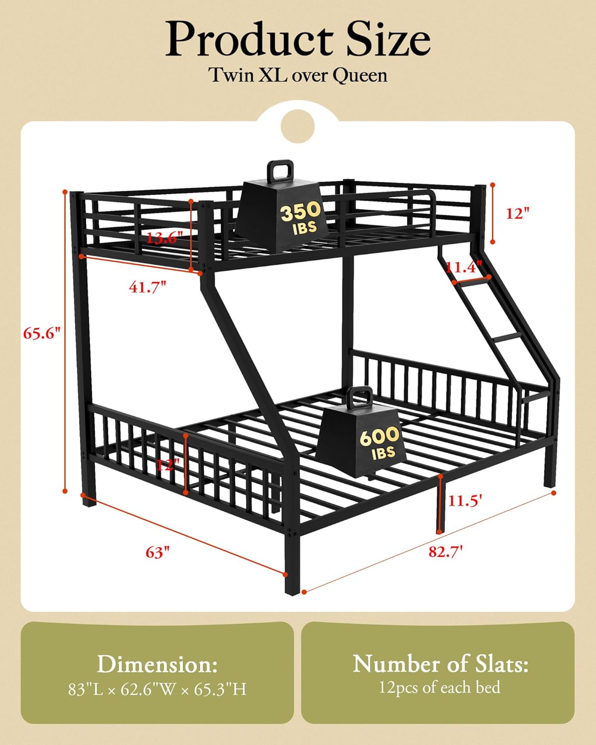 Twin XL Over Queen Metal Bunk Bed with Ladder and Slats Support, Heavy-Duty Metal Bunk Bed Frame with Safety High Guardrails for Adults Teens, Black