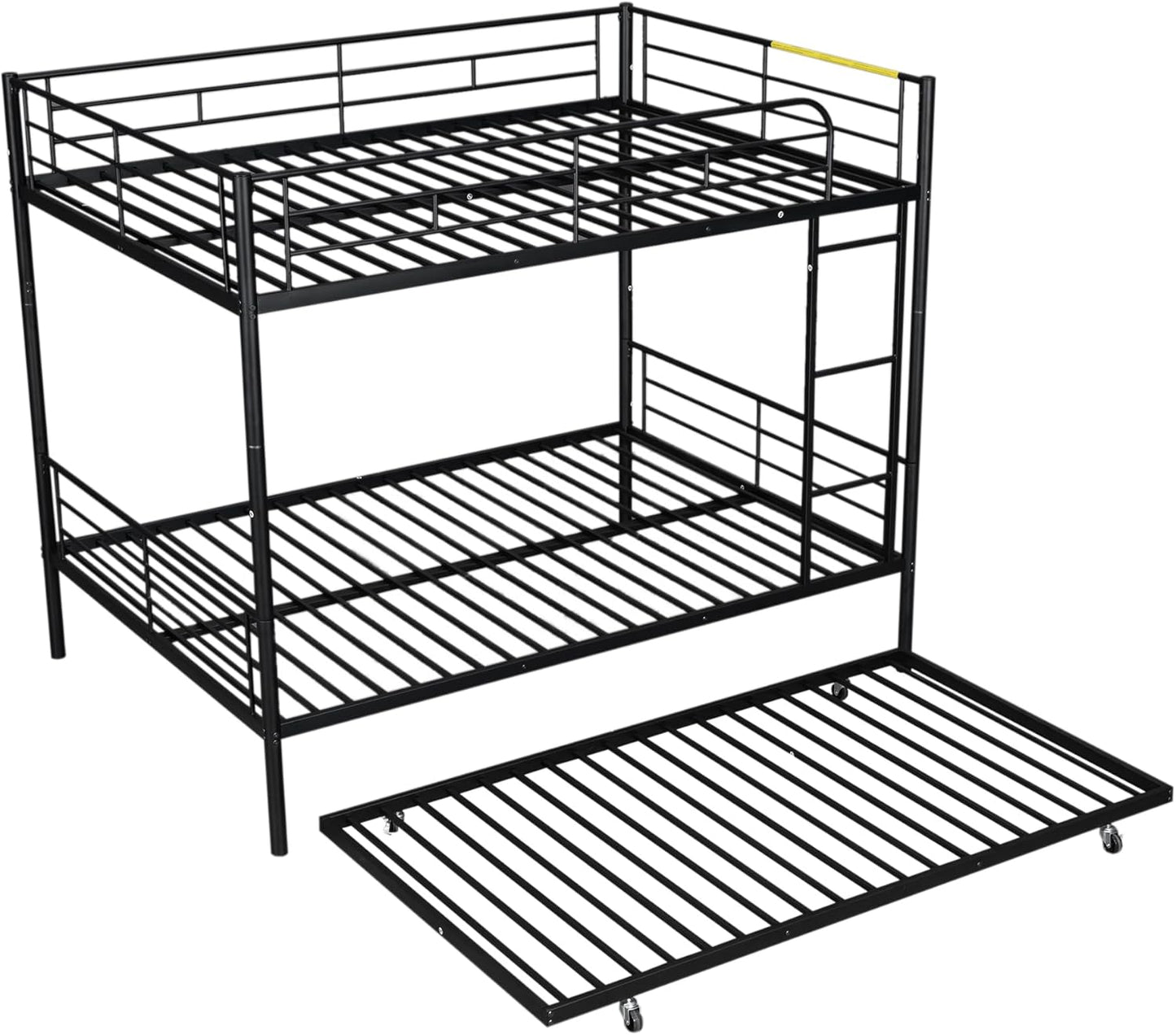 Full XL Over Queen Metal Bunk Bed with Trundle, Sturdy Queen Bed Frame with Full Length Guardrail & Ladder, Convertible to 3 beds, Heavy-Duty Frame Bunk Bed for Kids Teens Adults, White