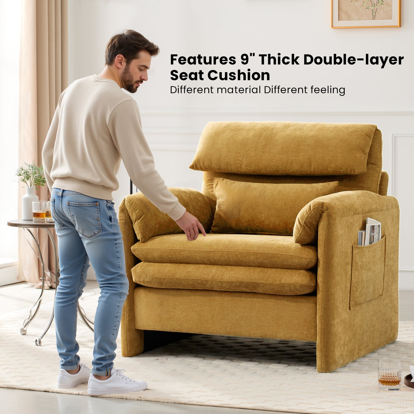 Oversized Single Sofa Chair, 36”W Oversized Accent Chairs, Modern Upholstered Deep Seat Comfy Armchair with Throw Pillow for Living Room Bedroom Office Apartment