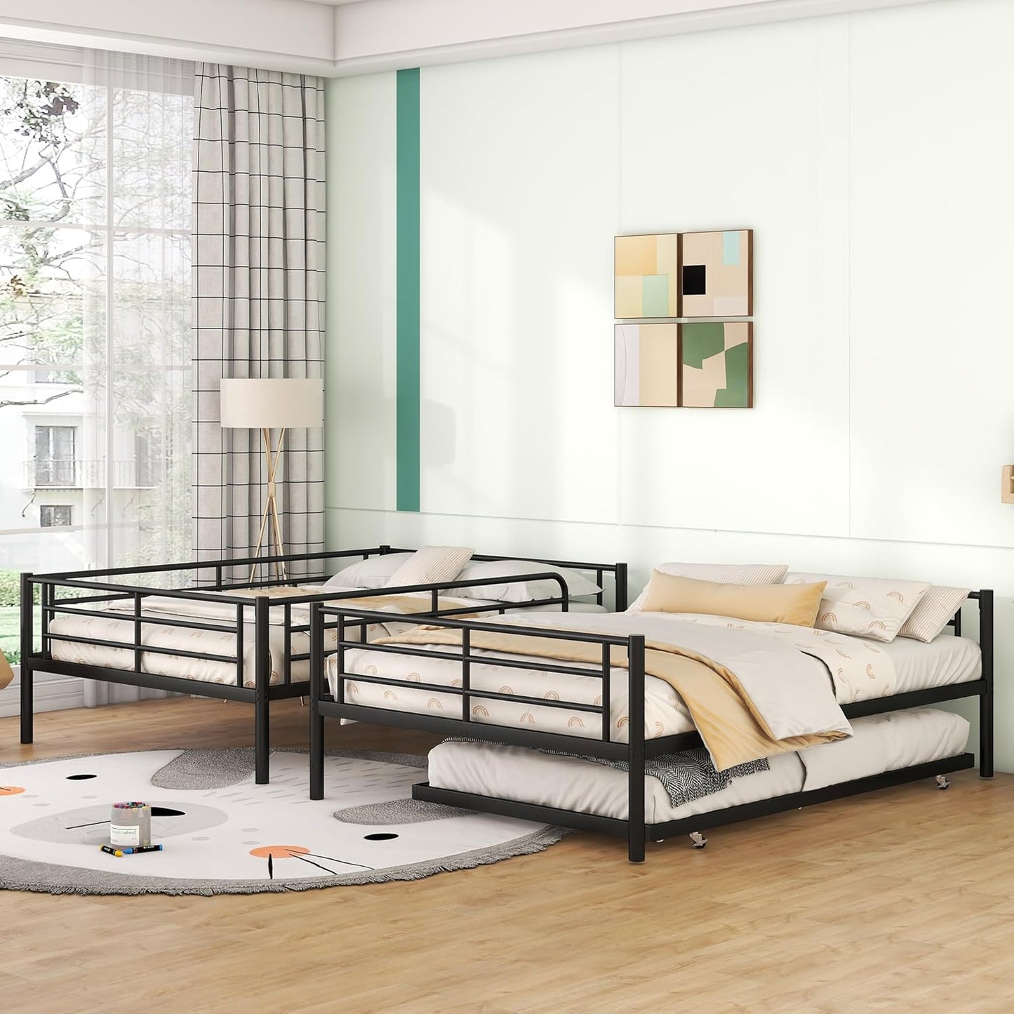 Full XL Over Queen Metal Bunk Bed with Trundle, Sturdy Queen Bed Frame with Full Length Guardrail & Ladder, Convertible to 3 beds, Heavy-Duty Frame Bunk Bed for Kids Teens Adults, White