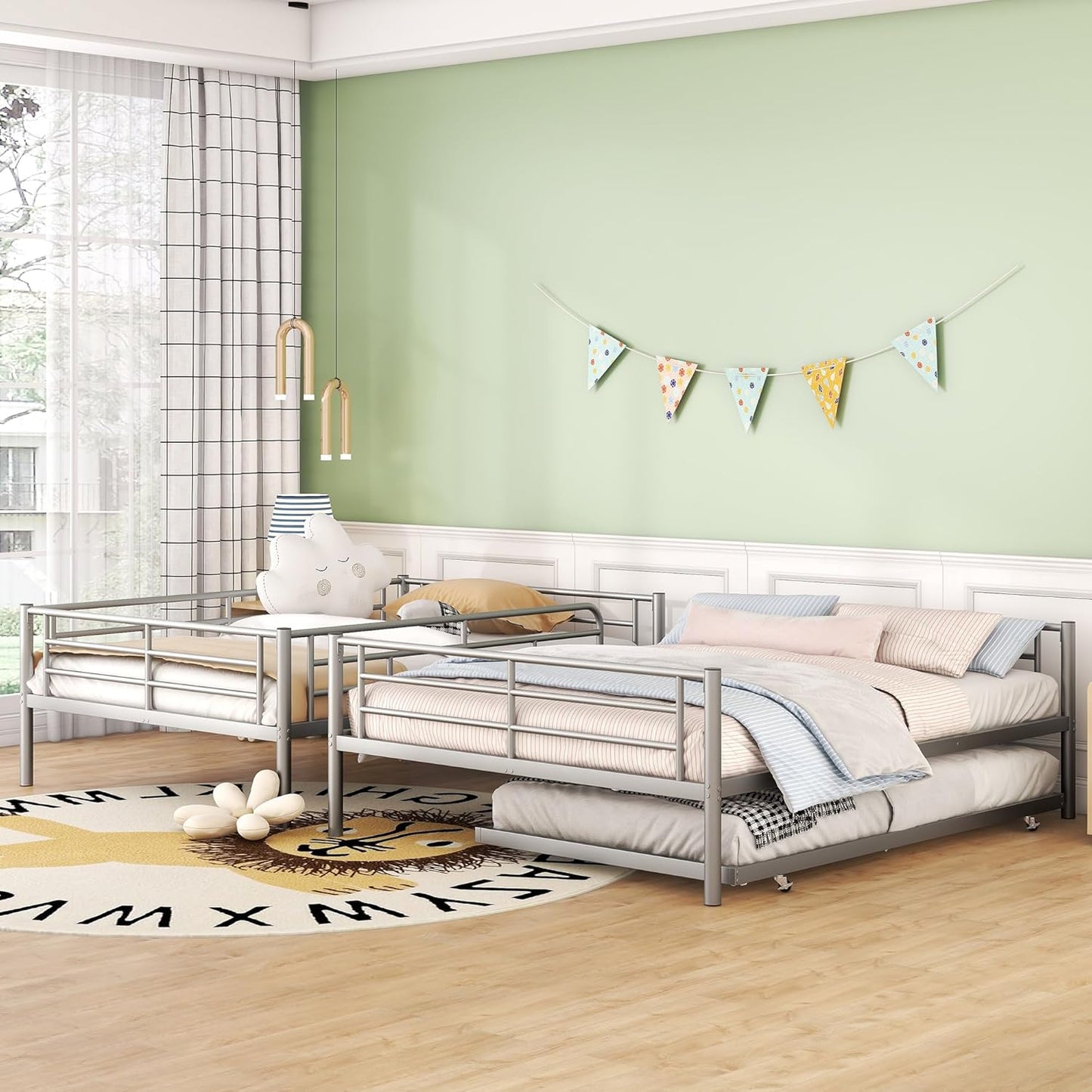 Full XL Over Queen Metal Bunk Bed with Trundle, Sturdy Queen Bed Frame with Full Length Guardrail & Ladder, Convertible to 3 beds, Heavy-Duty Frame Bunk Bed for Kids Teens Adults, White
