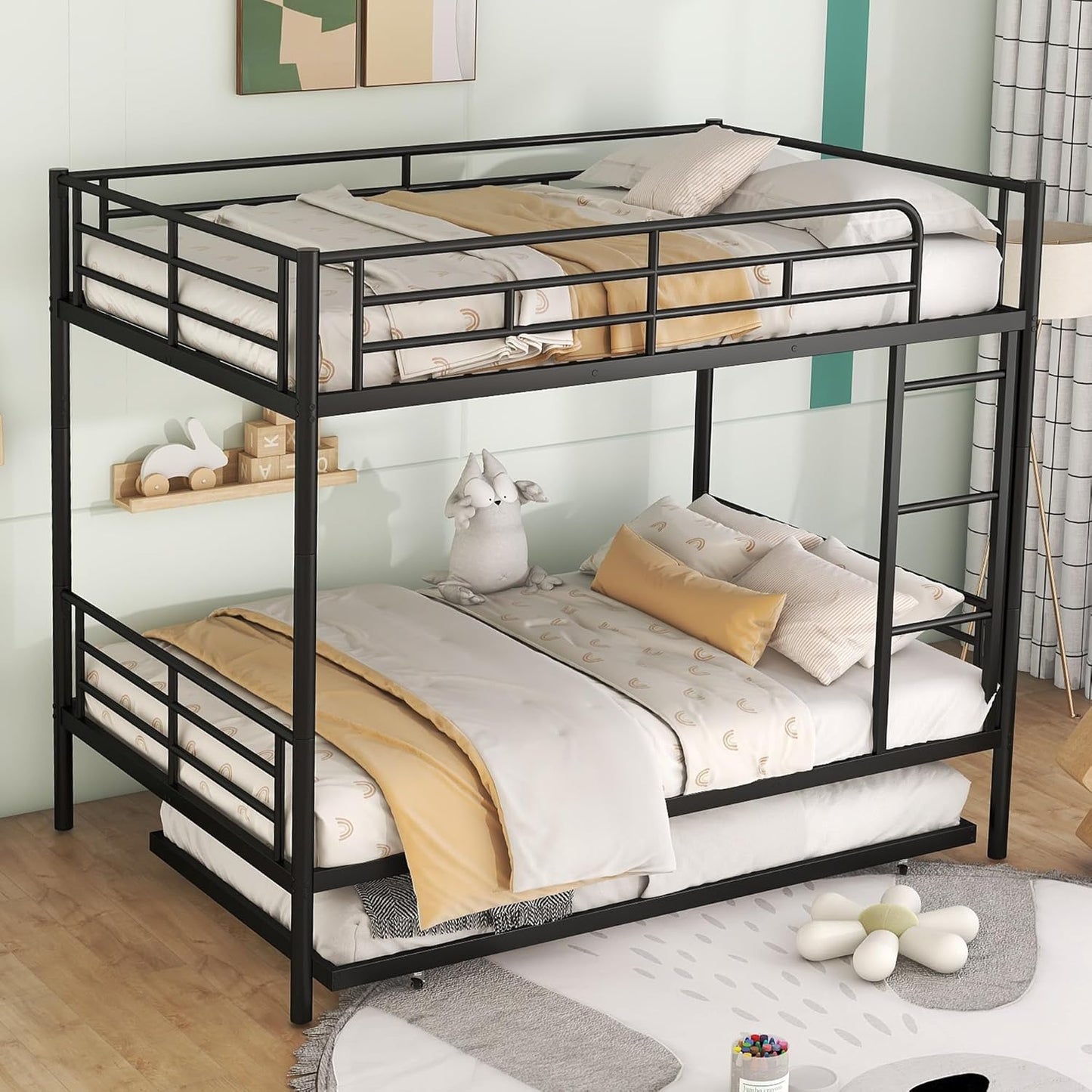 Full XL Over Queen Metal Bunk Bed with Trundle, Sturdy Queen Bed Frame with Full Length Guardrail & Ladder, Convertible to 3 beds, Heavy-Duty Frame Bunk Bed for Kids Teens Adults, White